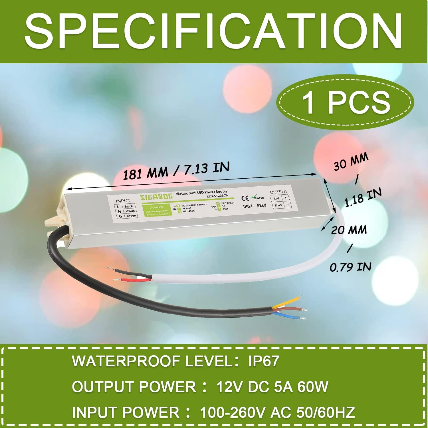 60W Watts LED Driver Power Supply Transformer Adapter Waterproof IP67 100V-260V AC to 12V DC Low Voltage Output for LED Light Outdoor Light 12V DC Led Lights Computer Project