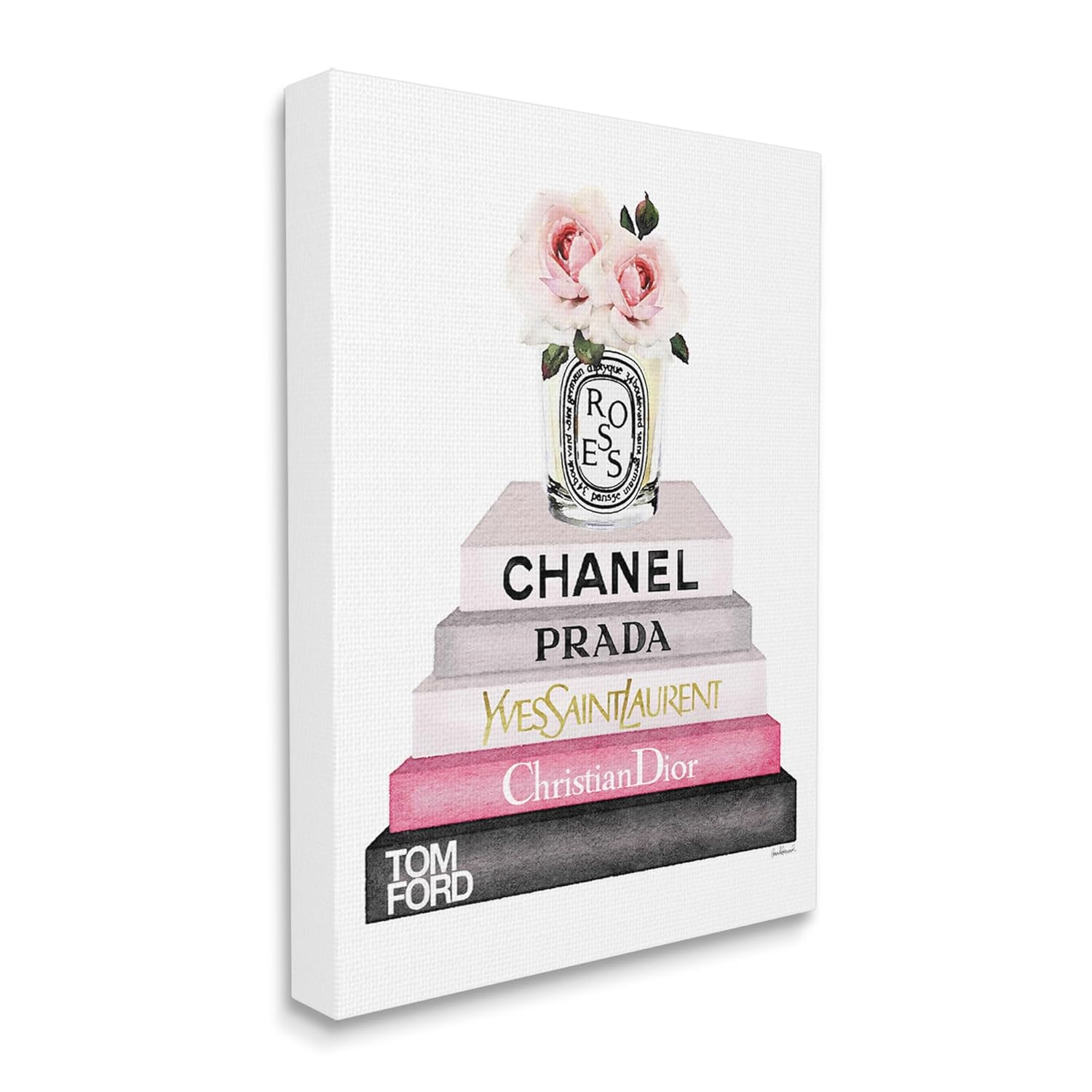 Stupell Book Stack Fashion Candle Pink Rose Canvas Art, 24 x 1.5 x 30