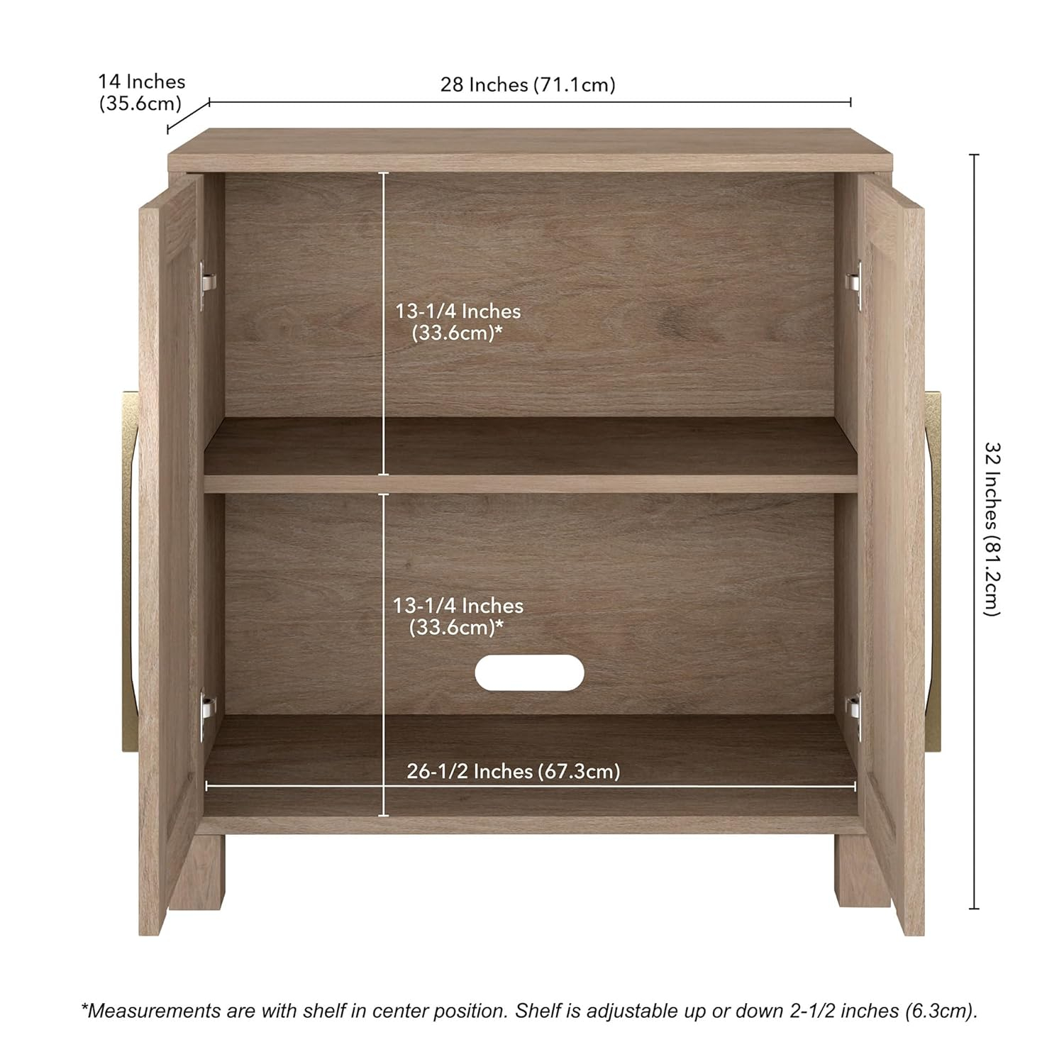 Evelyn&Zoe MDF 28" Wide Accent Cabinet Adjustable Center Shelf Two Swing-Out Doors, Gray Oak