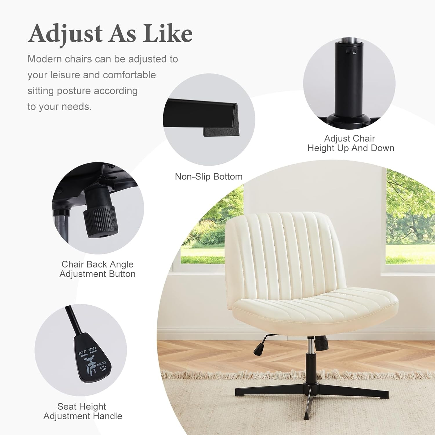 Sweetcrispy Criss Cross Chair Legged, Armless Office Desk Chair No Wheels, Swivel Vanity Chair, Height Adjustable Wide Seat Computer Task Chair, Fabric Vanity Modern Home Chair Cream