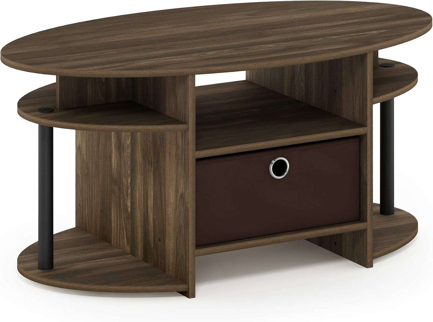 Furinno JAYA Simple Design Oval Coffee Table with Bin, Columbia Walnut/Black/Dark Brown