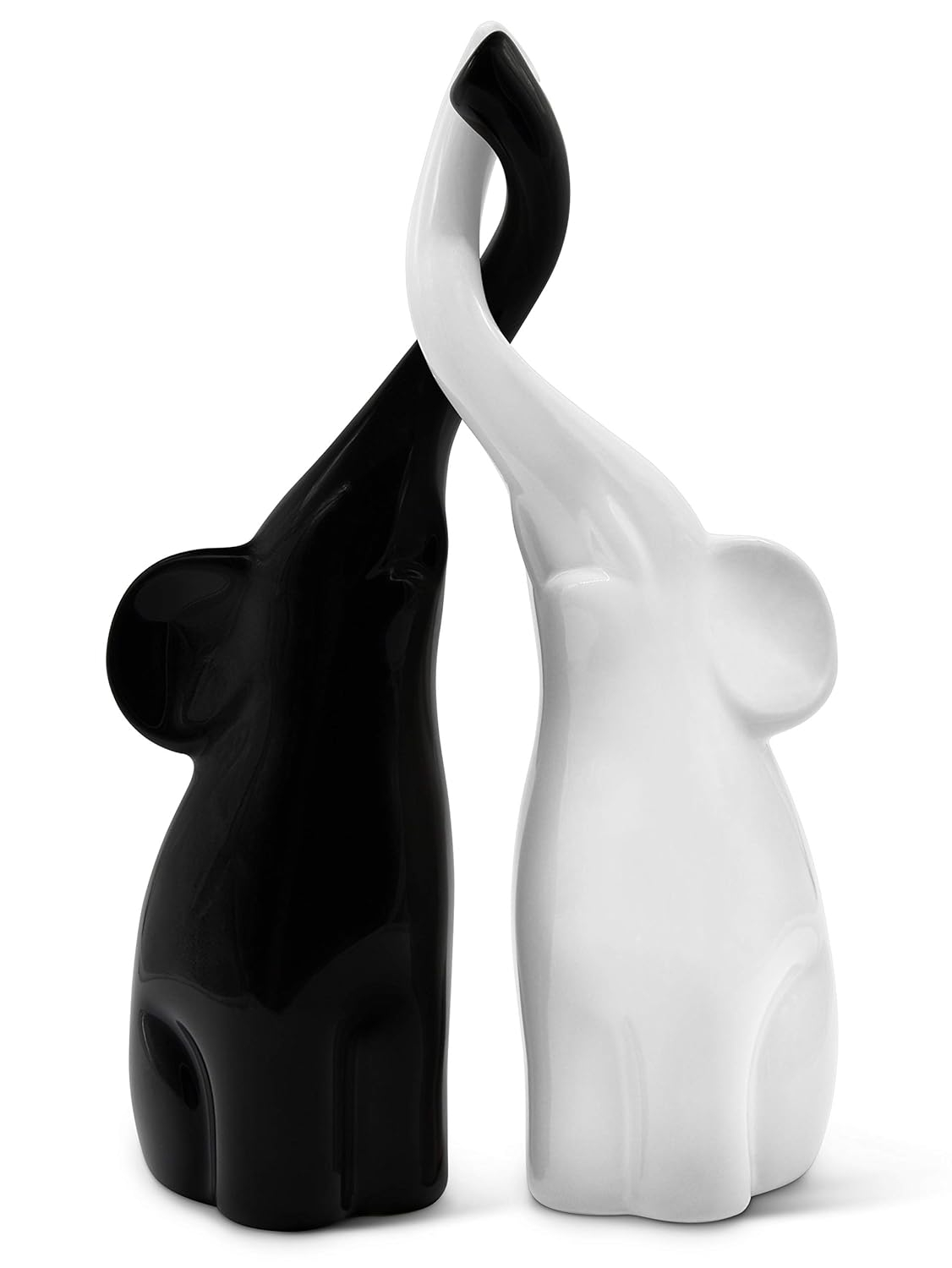 Loving Pair of Elephants in Black and White - Modern Ceramic Sculpture as a Set - Decoration Figure 10.2" high Ornament - Elephant Figurine
