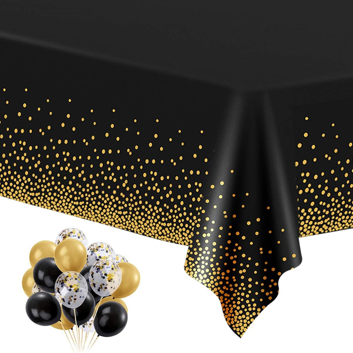 HOMIX Black and Gold Plastic Tablecloths for Rectangle Tables, 6 Pack Disposable Party Table Cloths, Gold Dot Table Covers with 30 Balloons for Birthday, Graduation, Cocktail Parties 54" x 108"