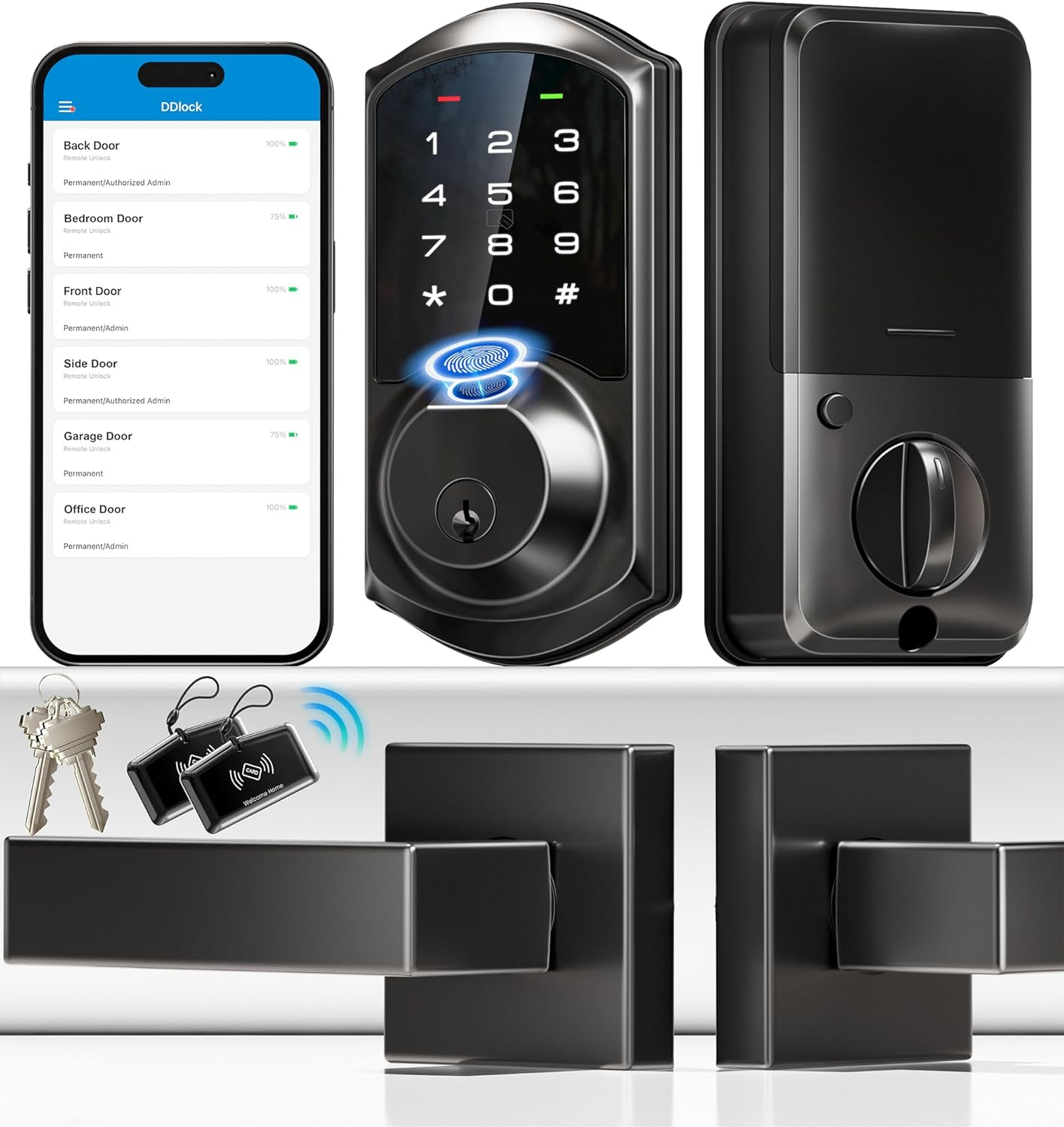 Matte Black Fingerprint Smart Lock with Keypad and Handle Set