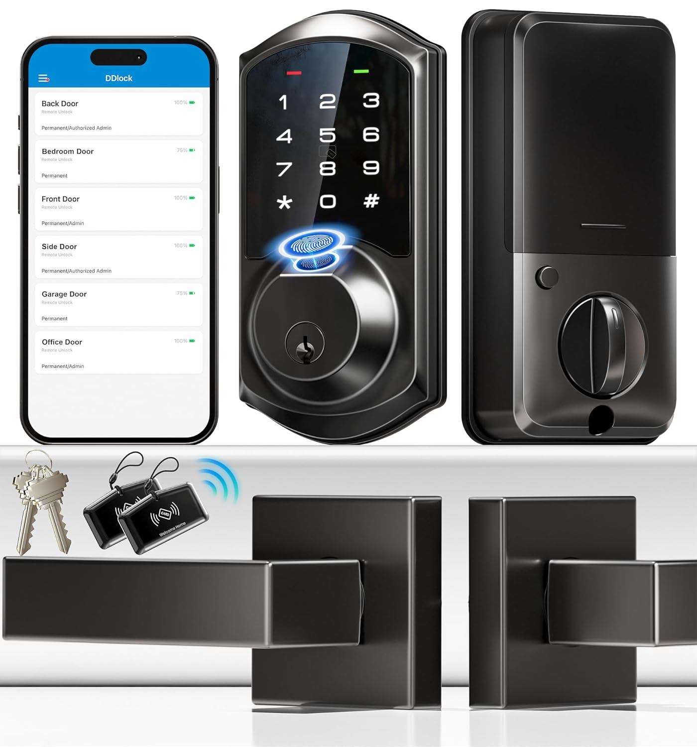 Veise VE07-L Fingerprint Smart Locks for Front Door with 2 Lever Handle Set, App Control, Keyless Entry, Electronic Digital Keypad Deadbolt, Auto Lock, Waterproof, Easy to Install, Matte Black