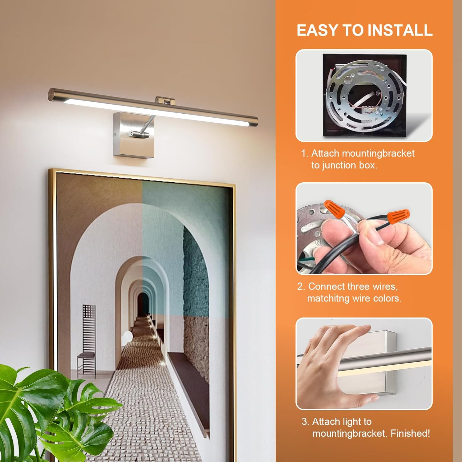 Joosenhouse Modern LED Picture Light Fixtures 24.4" Inch, Artwork Accent Lights with Single Swing Arm for Painting, Brushed Nickel, 14W (80W Eqv.), Warm White 3000K, Hardwire Connection…