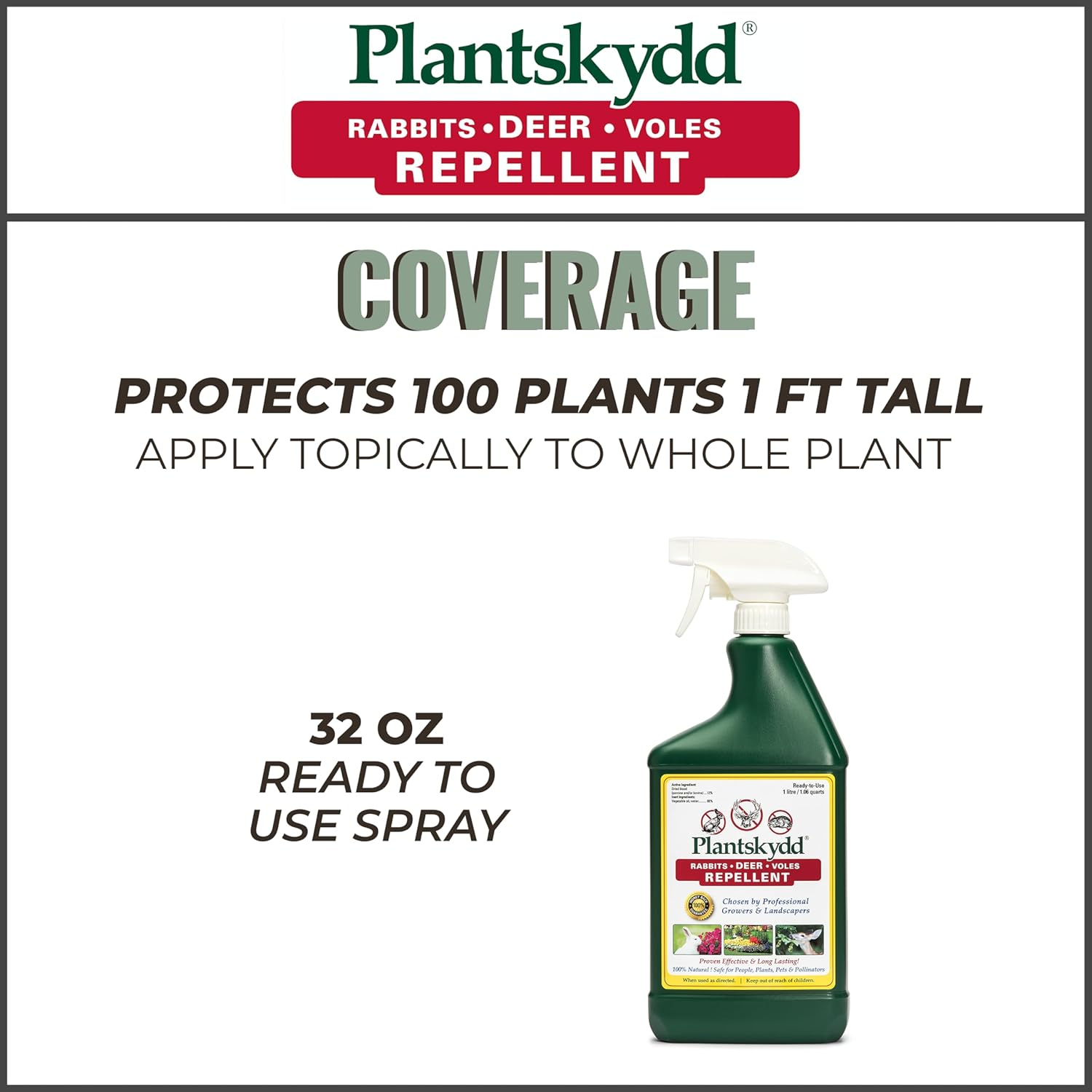 Plantskydd Animal Repellent - Repels Deer, Rabbits, Elk, Moose, Hares, Voles, Squirrels, Chipmunks and Other Herbivores; Ready to Use Liquid - 32 Oz Spray Bottle (PS-1L)