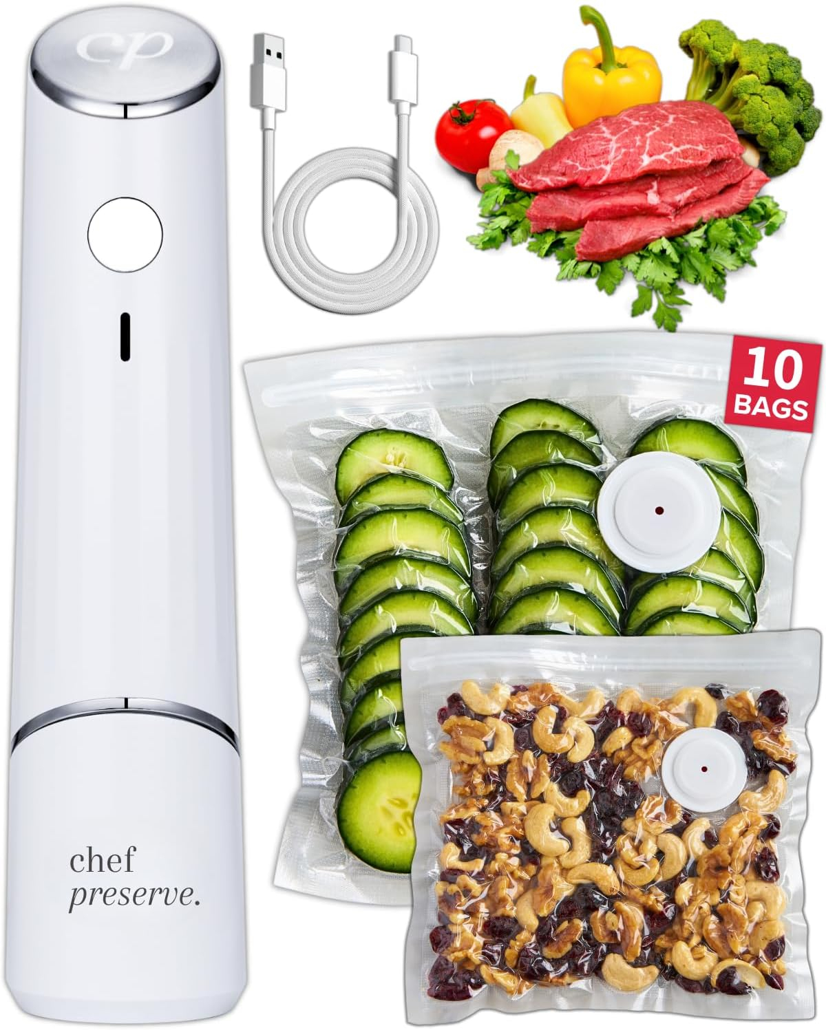 Compact White Handheld Vacuum Sealer with Reusable Bags