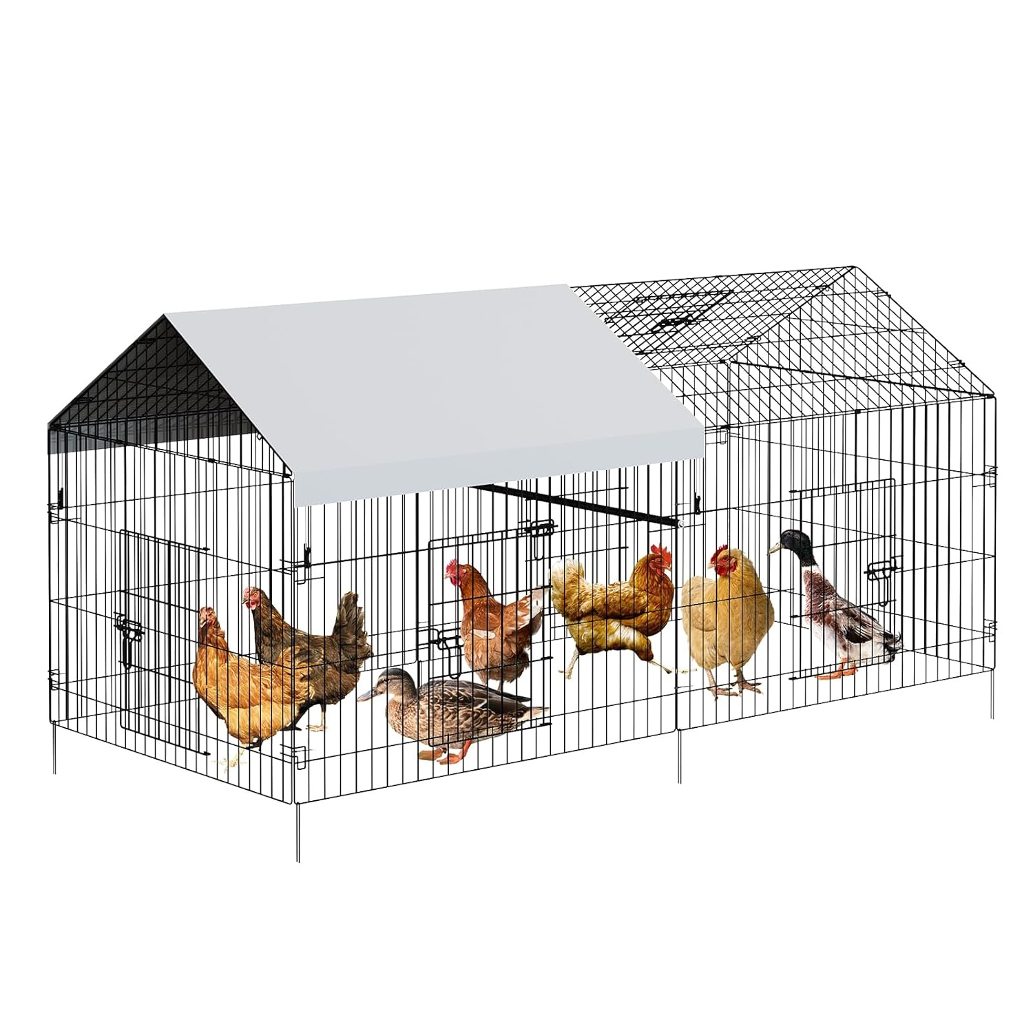 Metal Chicken Coop, 86 x 40 x 40 Inch Chicken Run for Yard with Waterproof Cover, Outdoor Portable Chicken Pen with 4 Doors, 1 Window, Chicken House for Small Animals Duck, Rabbit, Hen
