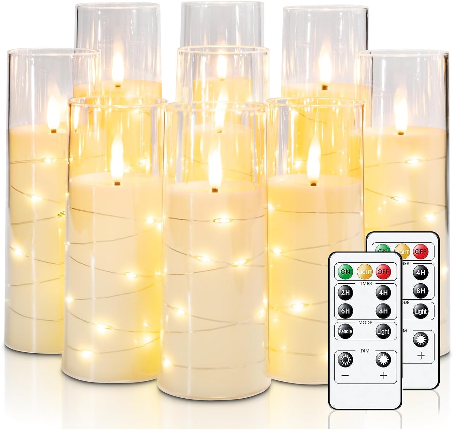 Raycare Flameless LED Candles with Embedded Star String, 9 Pcs Battery Operated Acrylic Pillar Candles with Timer and Remote, Flickering for Romantic Ambiance and Home Decoration (White)