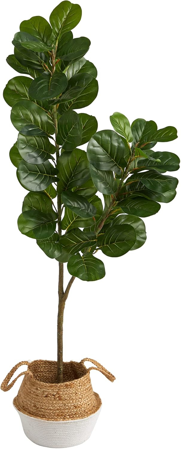 Nearly Natural 4.5ft. Fiddle Leaf Fig Artificial Tree with Boho Chic Handmade Cotton & Jute White Woven Planter