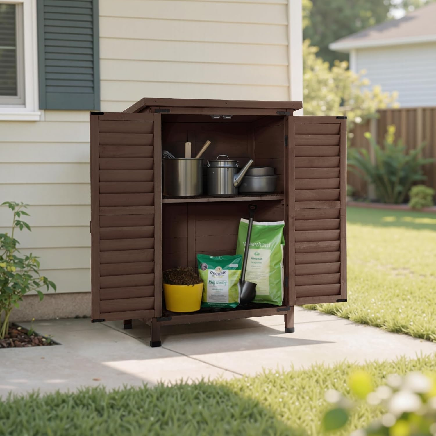 Mcombo Outdoor Wood Storage Cabinet, Small Size Garden Wooden Tool Shed with Double Doors 0985