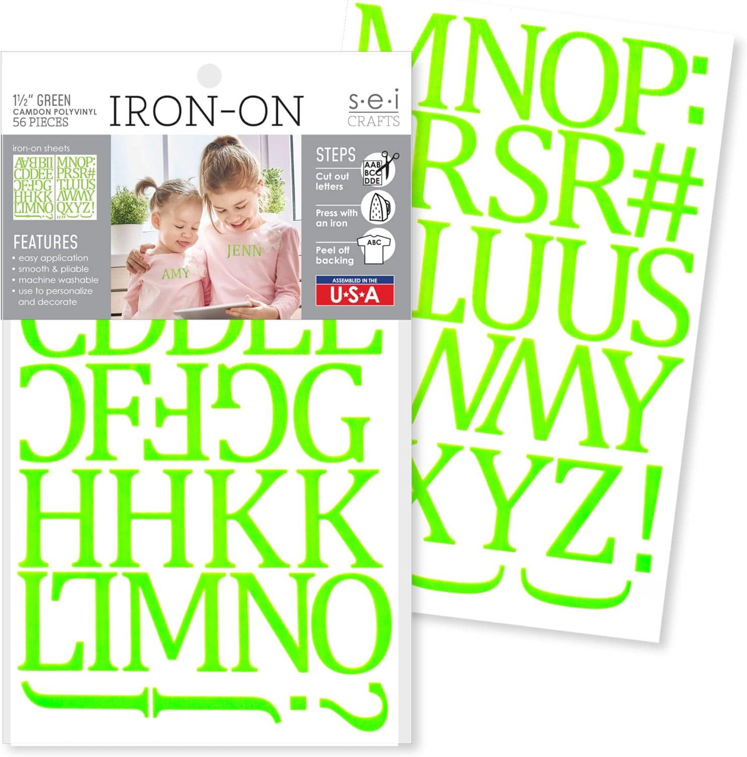 SEI 1.5 inch Camdon Iron-on Heat Transfer Poly Letters, Lime Green