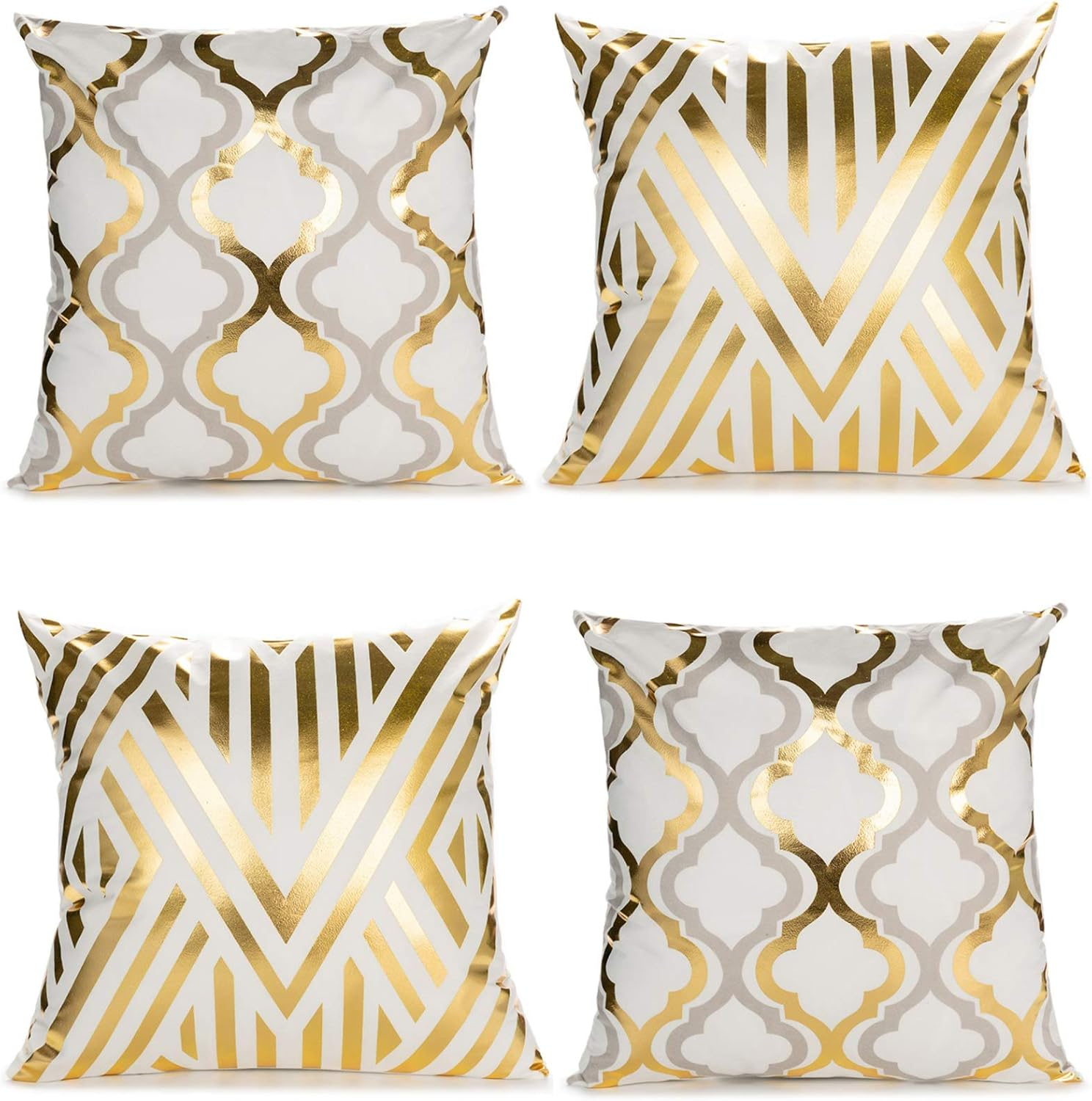 ZLINA Home Decorative Set of 4 Throw Pillow Covers Gold Foil Geometric Pillow Covers 18 ×18 Inch Cushion Covers for Couch Sofa Bedroom(White and Gold)