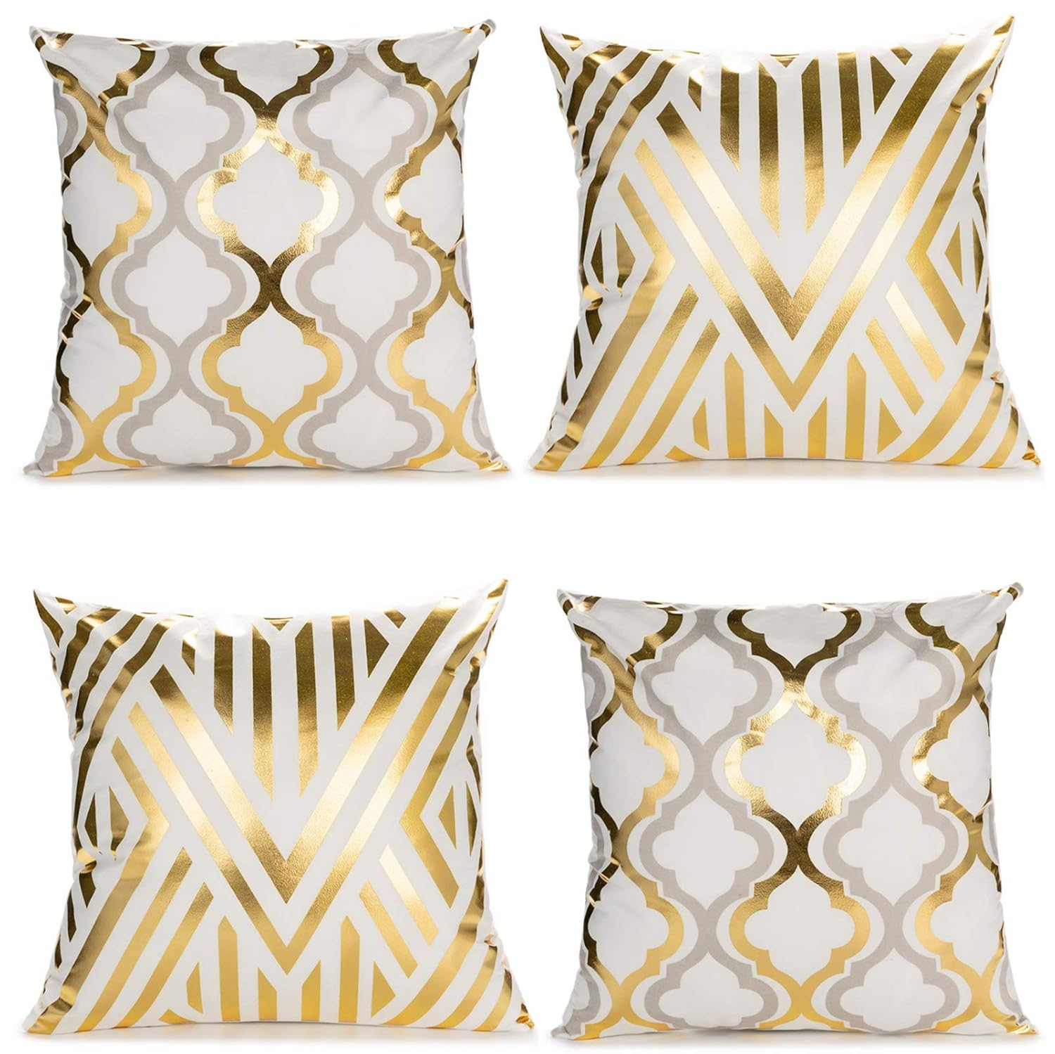 ZLINA Home Decorative Set of 4 Throw Pillow Covers Gold Foil Geometric Pillow Covers 18 ×18 Inch Cushion Covers for Couch Sofa Bedroom(White and Gold)