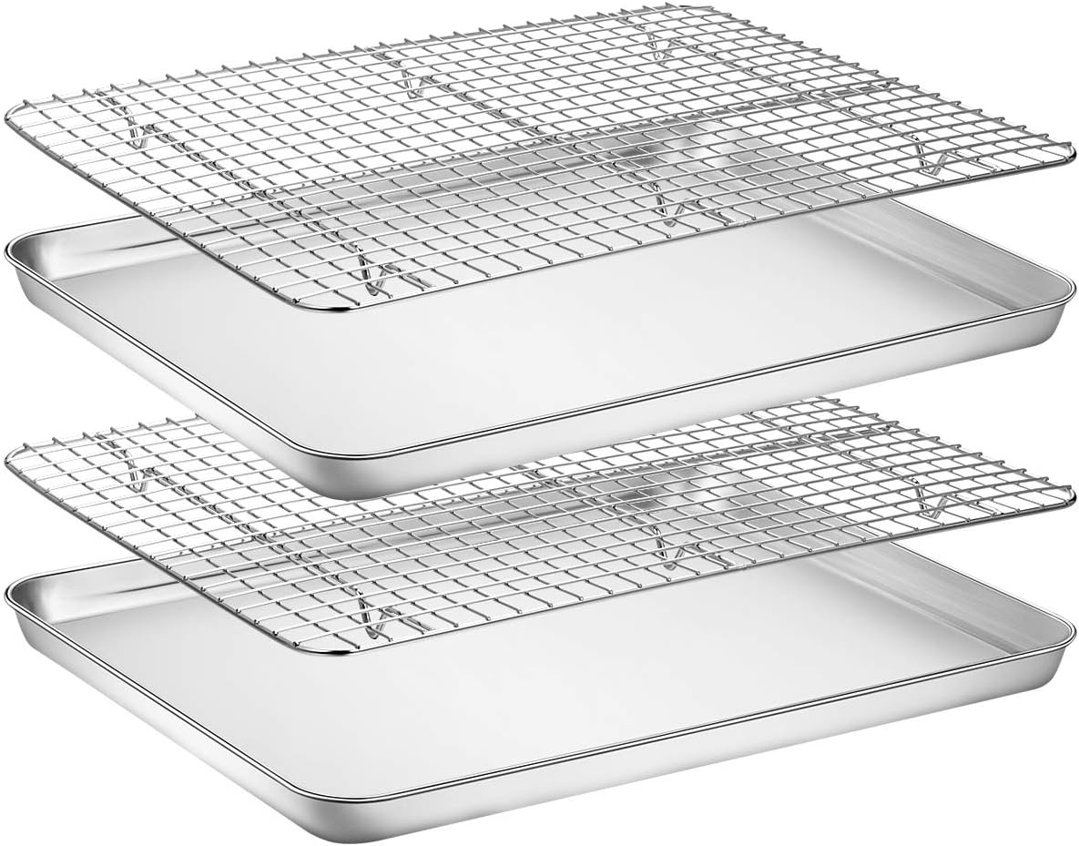 Baking Sheet with Wire Rack, Stainless Steel Cookie Sheet Pan Set, Non Stick Baking Pans with Cooling Rack for Oven Cooking, 15.9 x 12 x 1 inch 4 Pcs