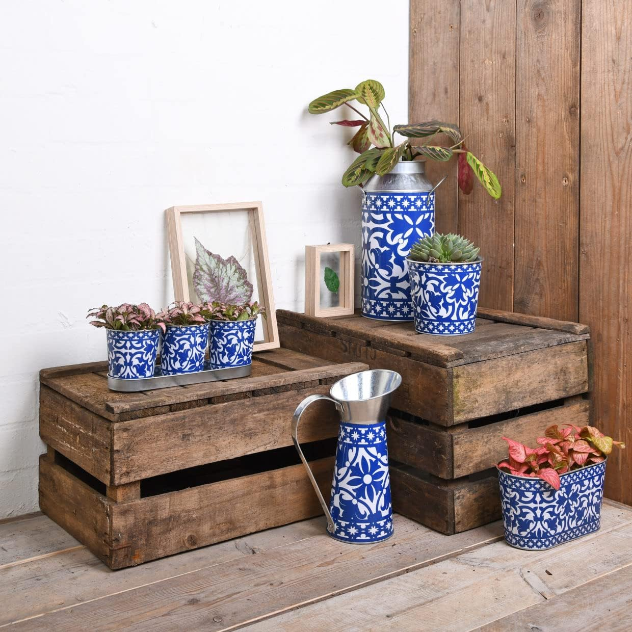 Navy and White Portuguese Style Metal Oval Planters, Set of 2