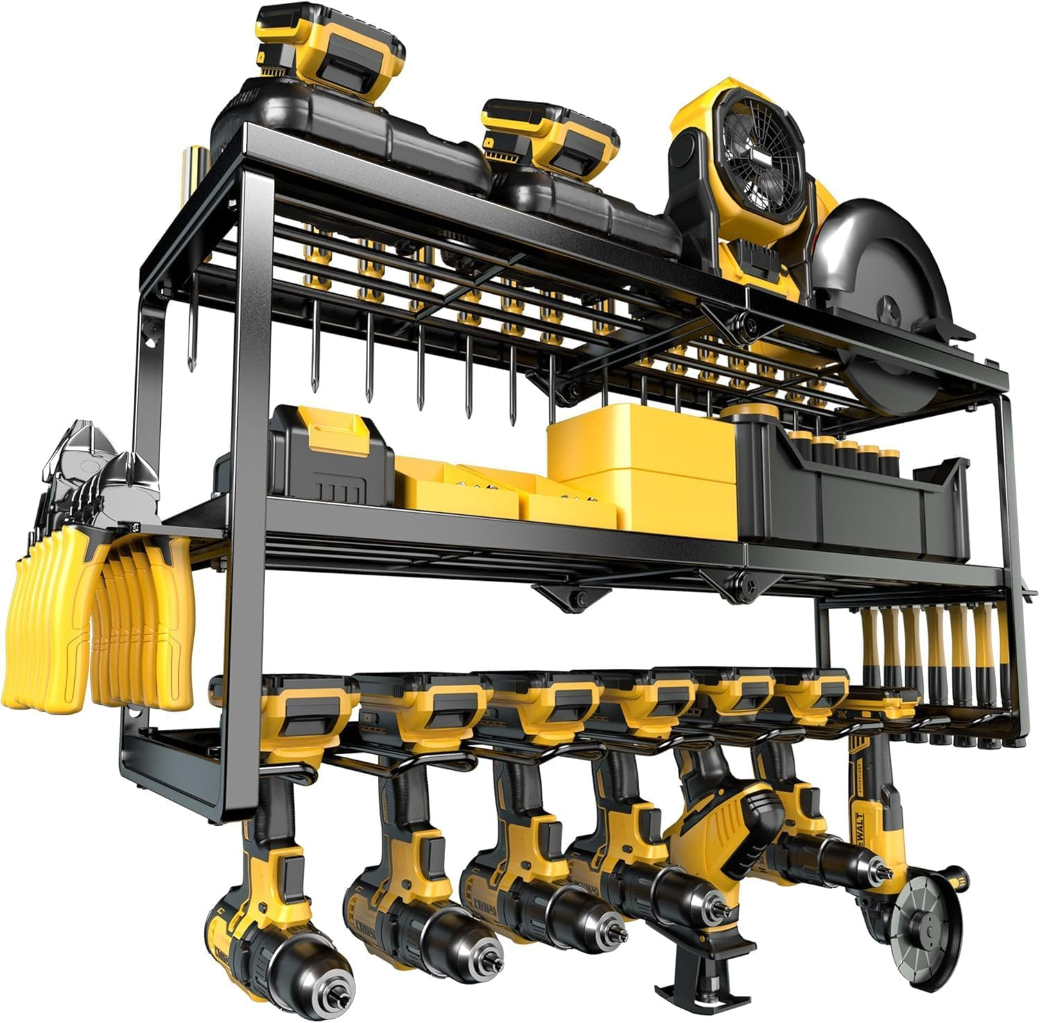 Power Tool Organizer-7 Drill Holder Wall Mount, Garage Organization Storage, 3 Layer Heavy Duty Metal Power Tool Rack,Garage Tool Organizer with Screwdriver Plier Hammer Holder, Men Dad Gifts