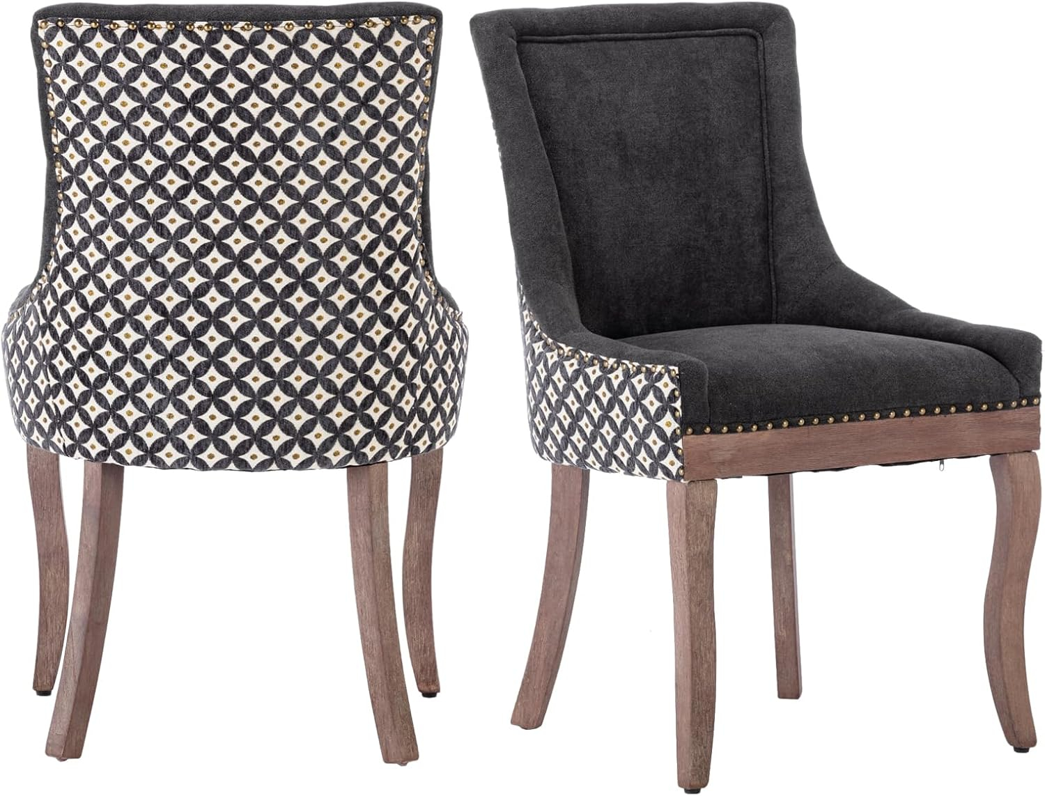 Upholstered Dining Chairs Set of 2, Solid Wood Kitchen Dining Room Chairs with Thicken Padded and Nailhead Trim for Home Kitchen Bedroom Black and Patterned