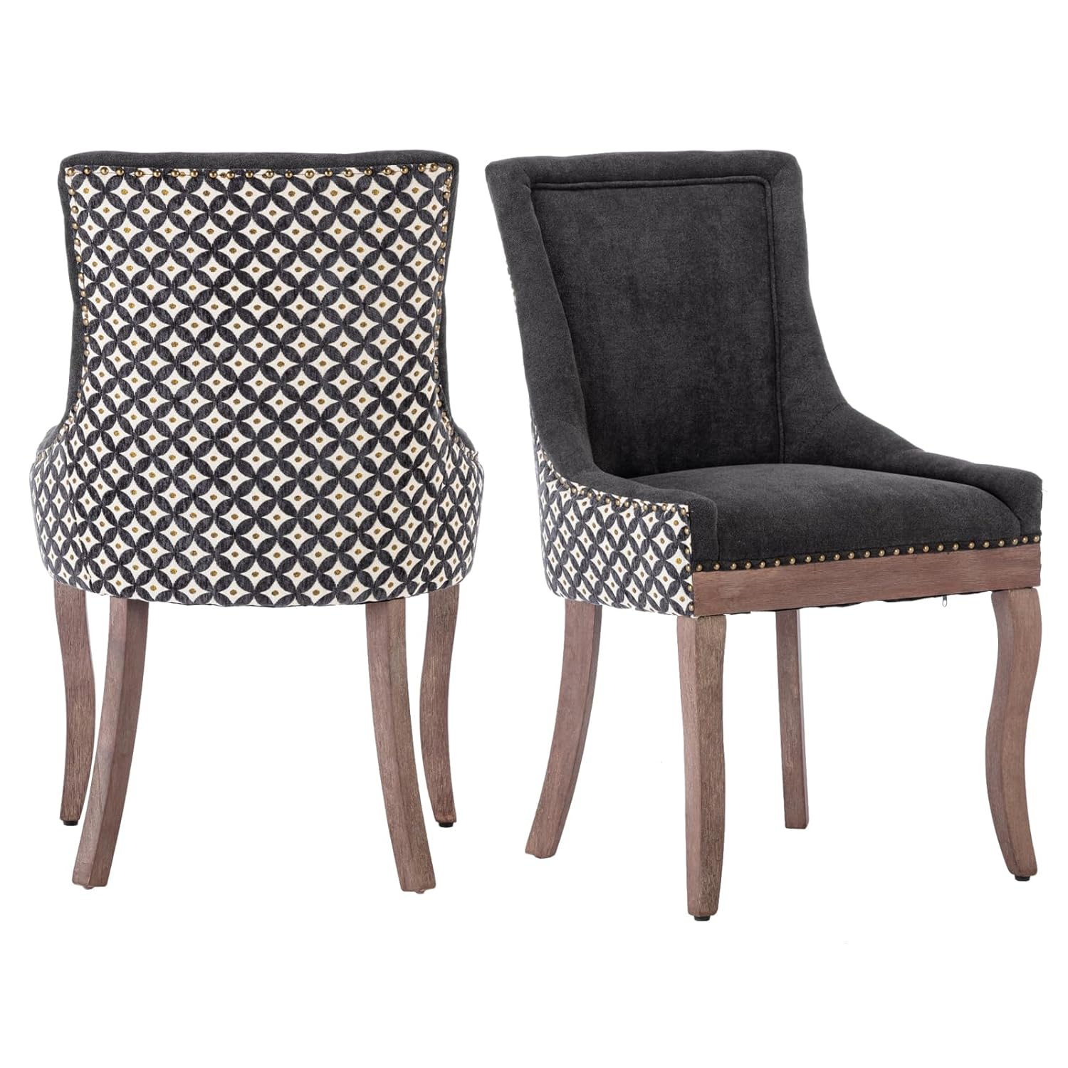 Upholstered Dining Chairs Set of 2, Solid Wood Kitchen Dining Room Chairs with Thicken Padded and Nailhead Trim for Home Kitchen Bedroom Black and Patterned