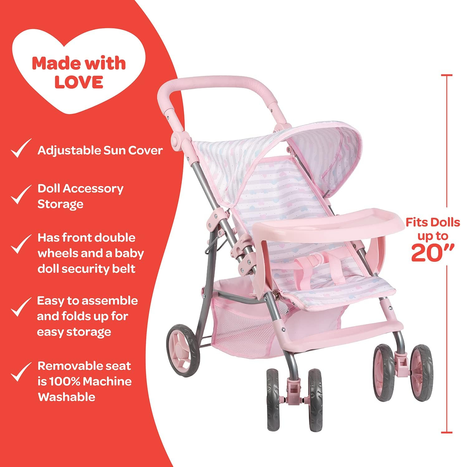 Adora Baby Doll Stroller, Snack N Go Collection with Adjustable Sun Cover and Doll Accessory Storage, Birthday Gift For Ages 3+ - Pastel Pink Heart