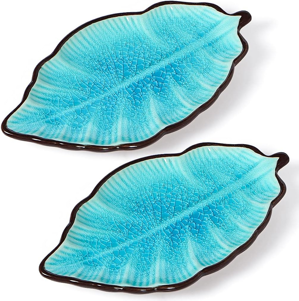 2 Pack Leaf Spoon Rest, Ceramic Ladle Holder, Modern Farmhouse Decorative Utensil Rester for Stove Top, Kitchen Counter, Dining Table, Coffee Station (Teal)