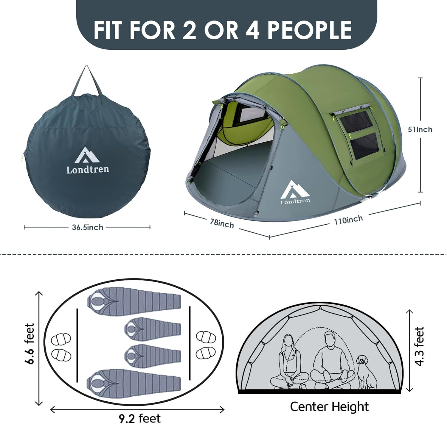 4 Person Easy Pop Up Tent Waterproof Automatic Setup 2 Doors-Instant Family Tents for Camping Hiking & Traveling