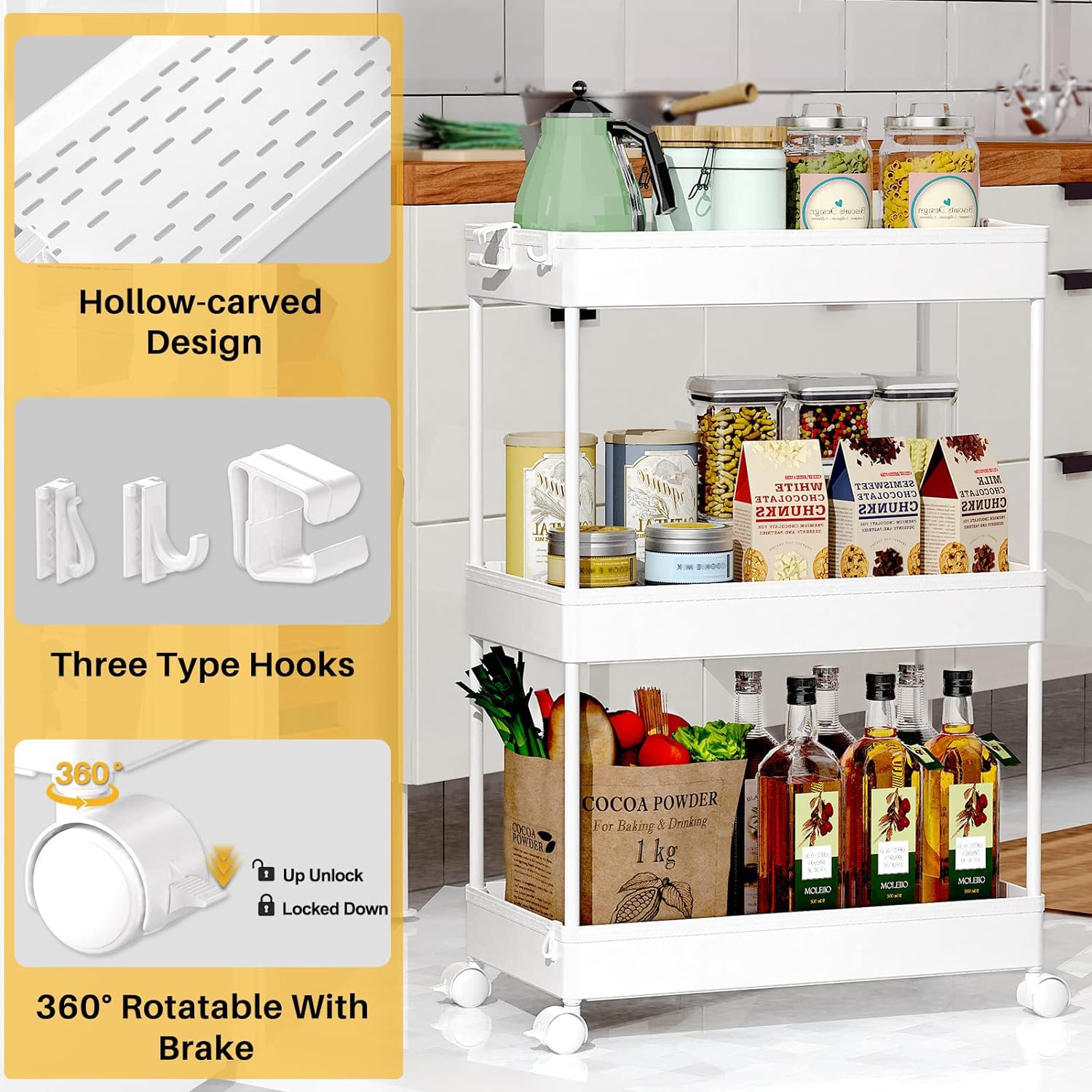 SPACEKEEPER Storage Rolling Cart, 3 Tier Laundry Room Organization Utility Cart Bathroom Organizer Mobile Shelving Unit Shelves Multi-Functional Trolley, White