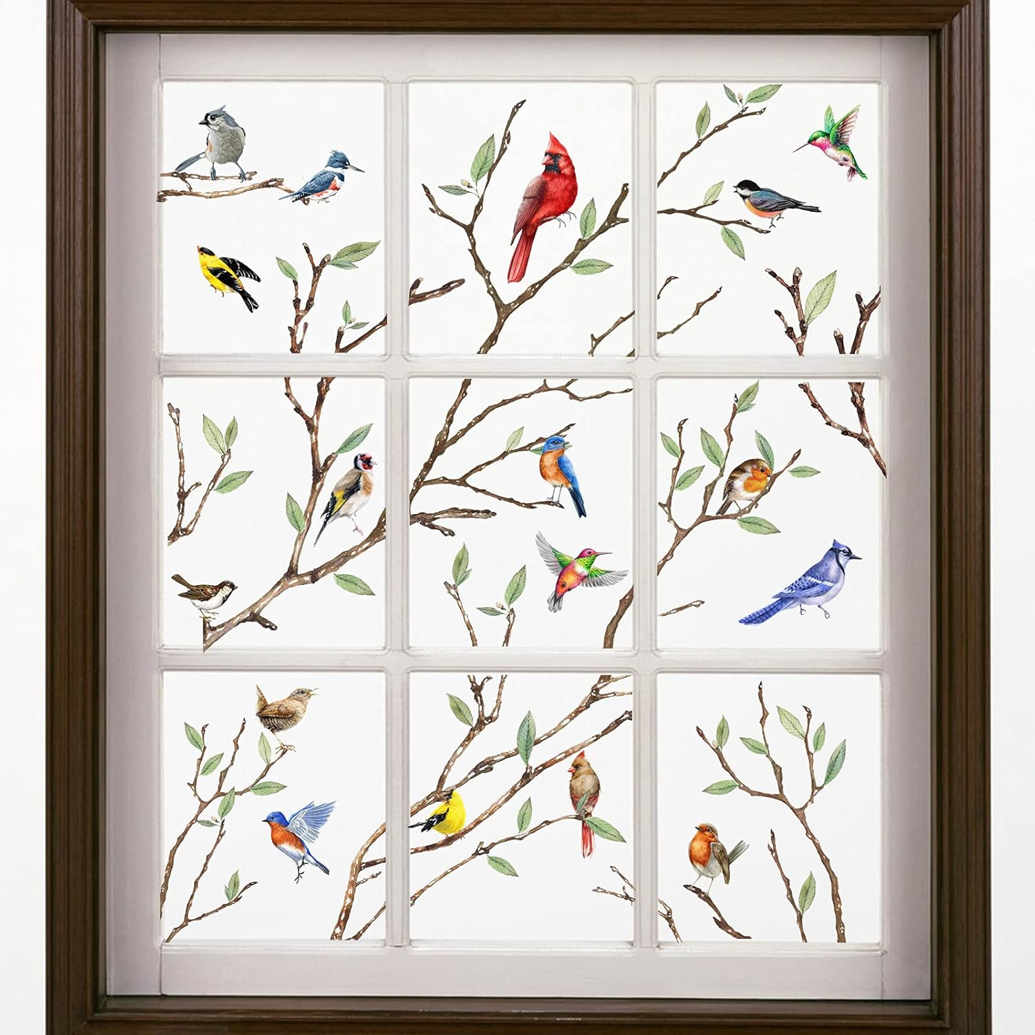 Yovkky Spring Summer Tree Branch Bird Strike Window Cling 9 Sheet, Anti Collision Cardinal Wall Glass Sticker Decal Hummingbird Bluebird Robin Decor, Fall Autumn Home Kitchen Office Fridge Decorations
