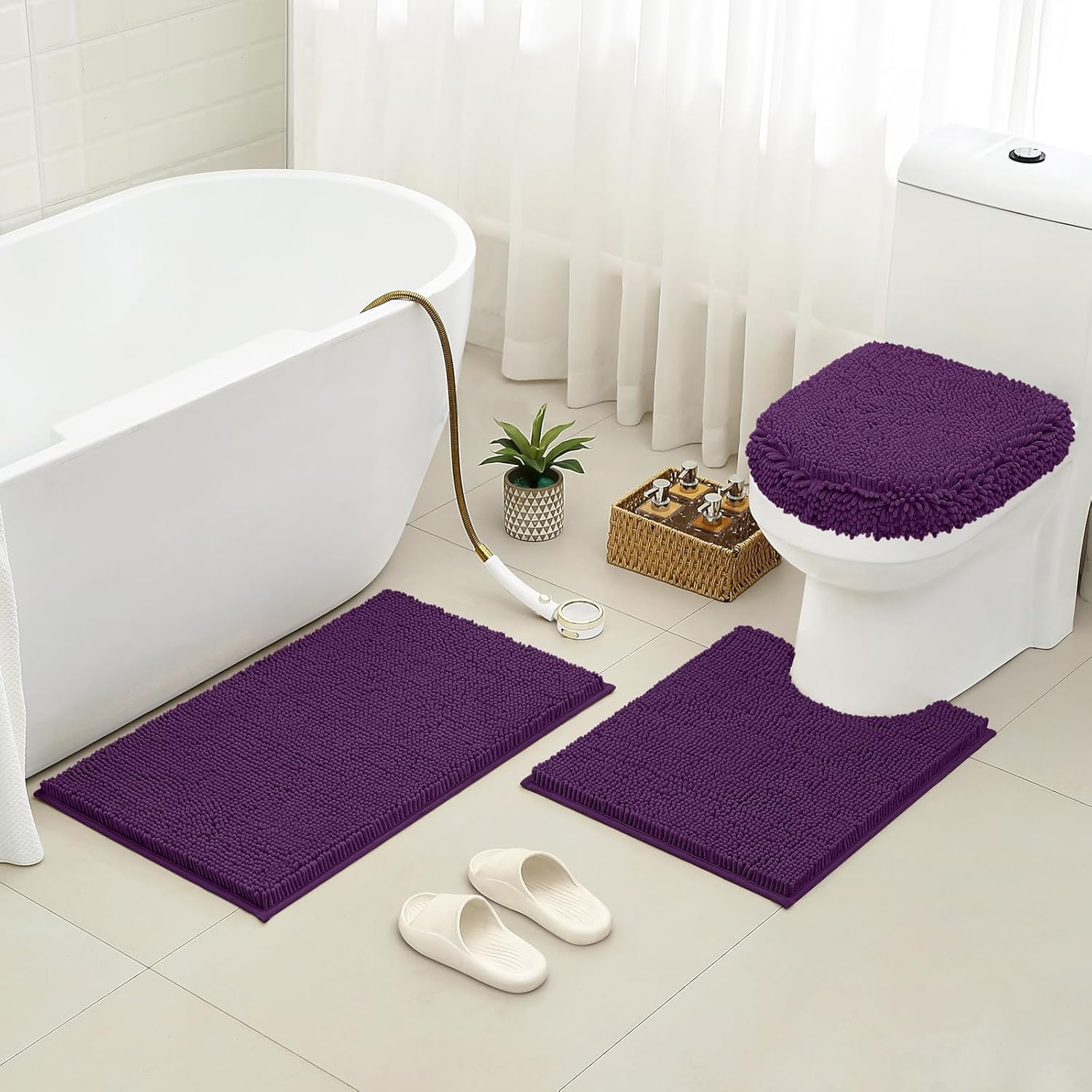 HOMEIDEAS 3 Pieces Dark Purple Bathroom Rugs Set, Ultra Soft Non Slip Bath Rug and Absorbent Chenille Bath Mat, Includes U-Shaped Contour Rug, Bath Mat and Toilet Lid Cover, Perfect for Bathroom Floor