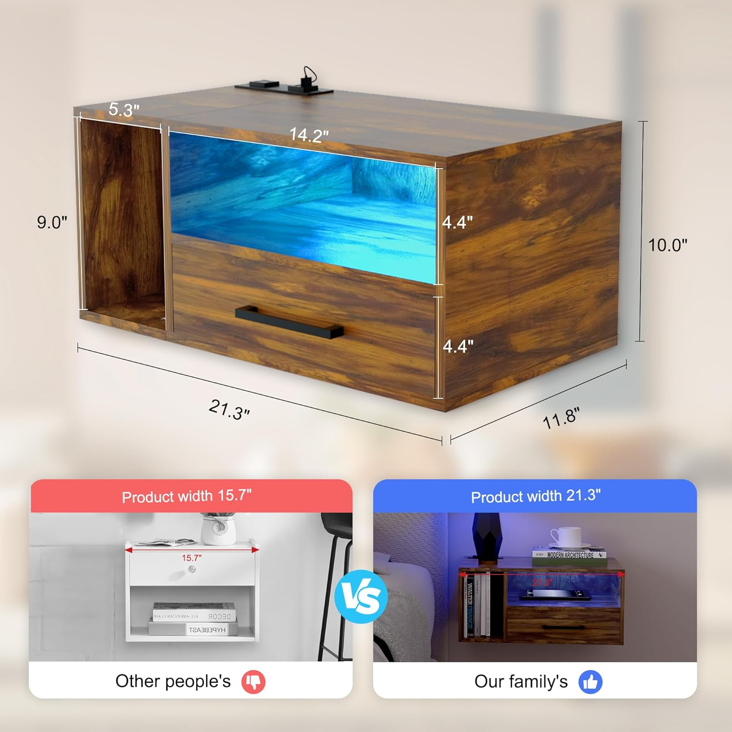 Floating Nightstand with Charging Station and LED Light Strips, 21.3" Night Stand with Drawers, Floating Bedside with USB Ports and Outlets, Bedroom Furniture