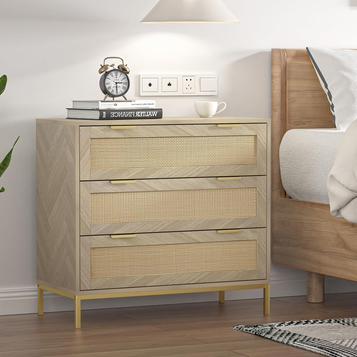 Anmytek 3 Drawer Cabinet for Bedroom, Oak Rattan Cabinet Closet Cabinet Chest of Drawers, Wood Cabinet 3 Drawer Storage Chest for Bedroom, Hallway, Nursery