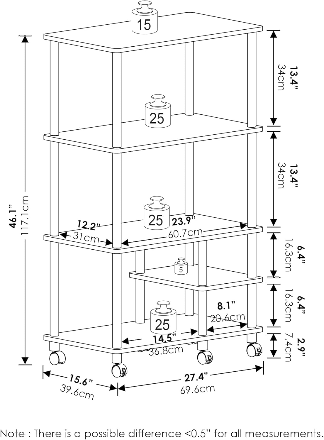 Furinno Turn-N-Tube 4-Tier Toolless Multipurpose Printer Stand Display Storage Shelf with Wheels, Americano/Black