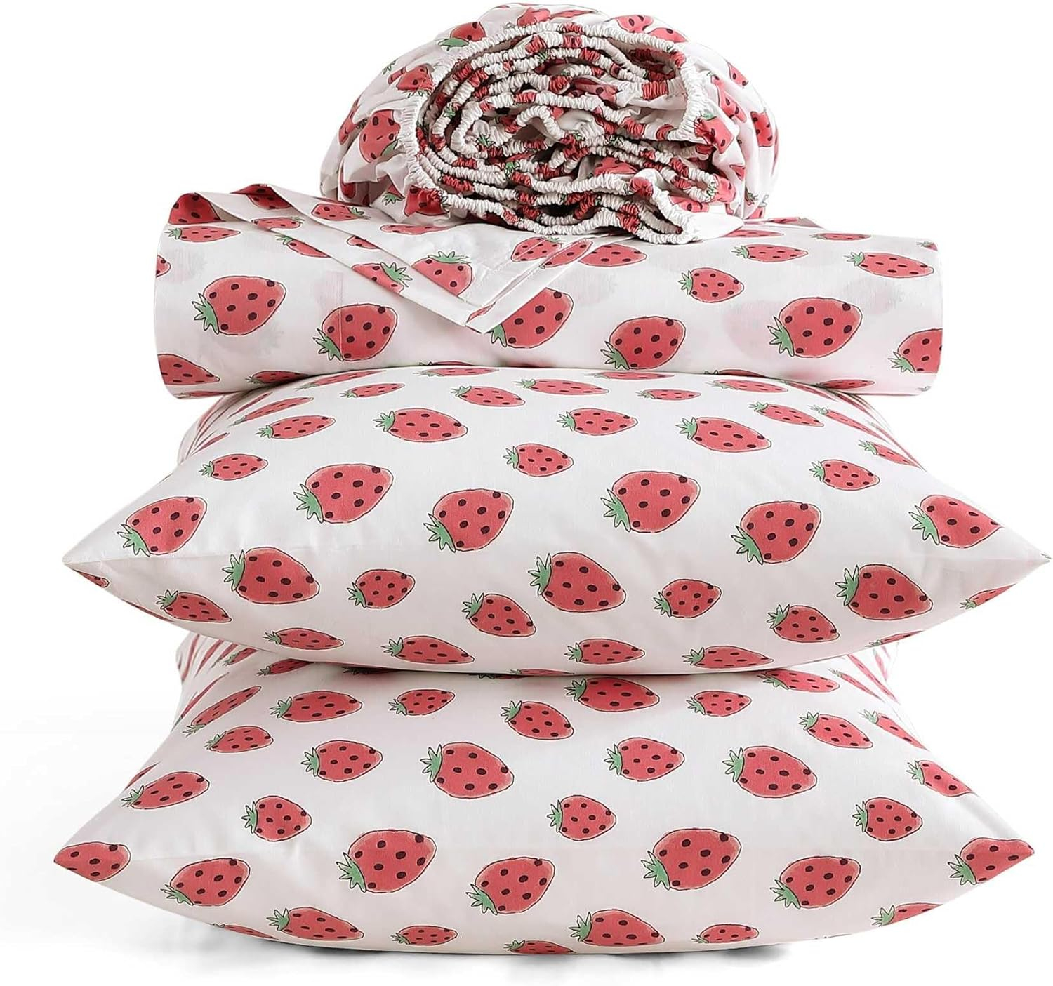 Poppy & Fritz - Full Sheets, Luxurious Cotton Percale Bedding Set, Crisp & Cool, Super Soft Bed Essentials (Strawberry Picnic Pink, Full)