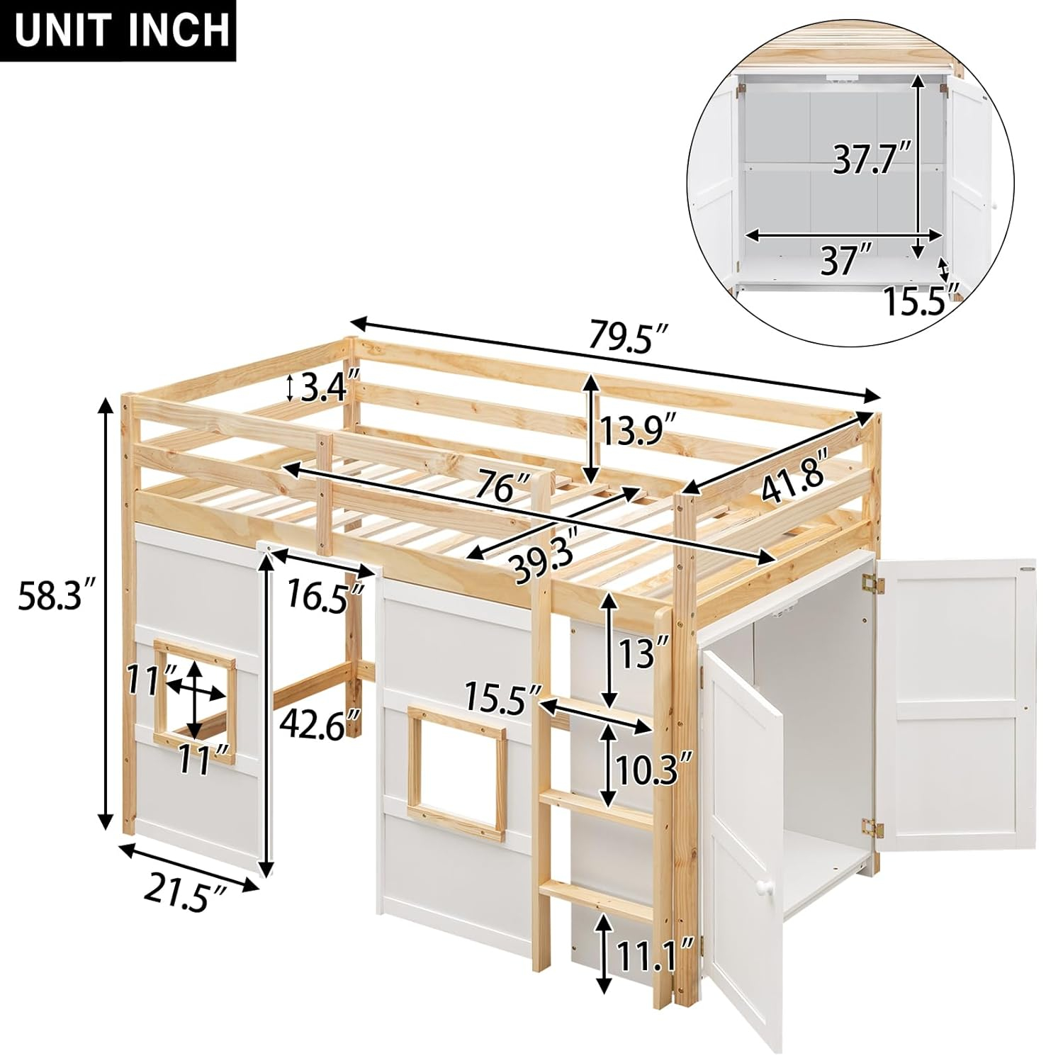 Merax Wood Loft Bed Twin Size with Storage Wardrobe, 2 Windows Design, for Teens, Boys & Girls, White