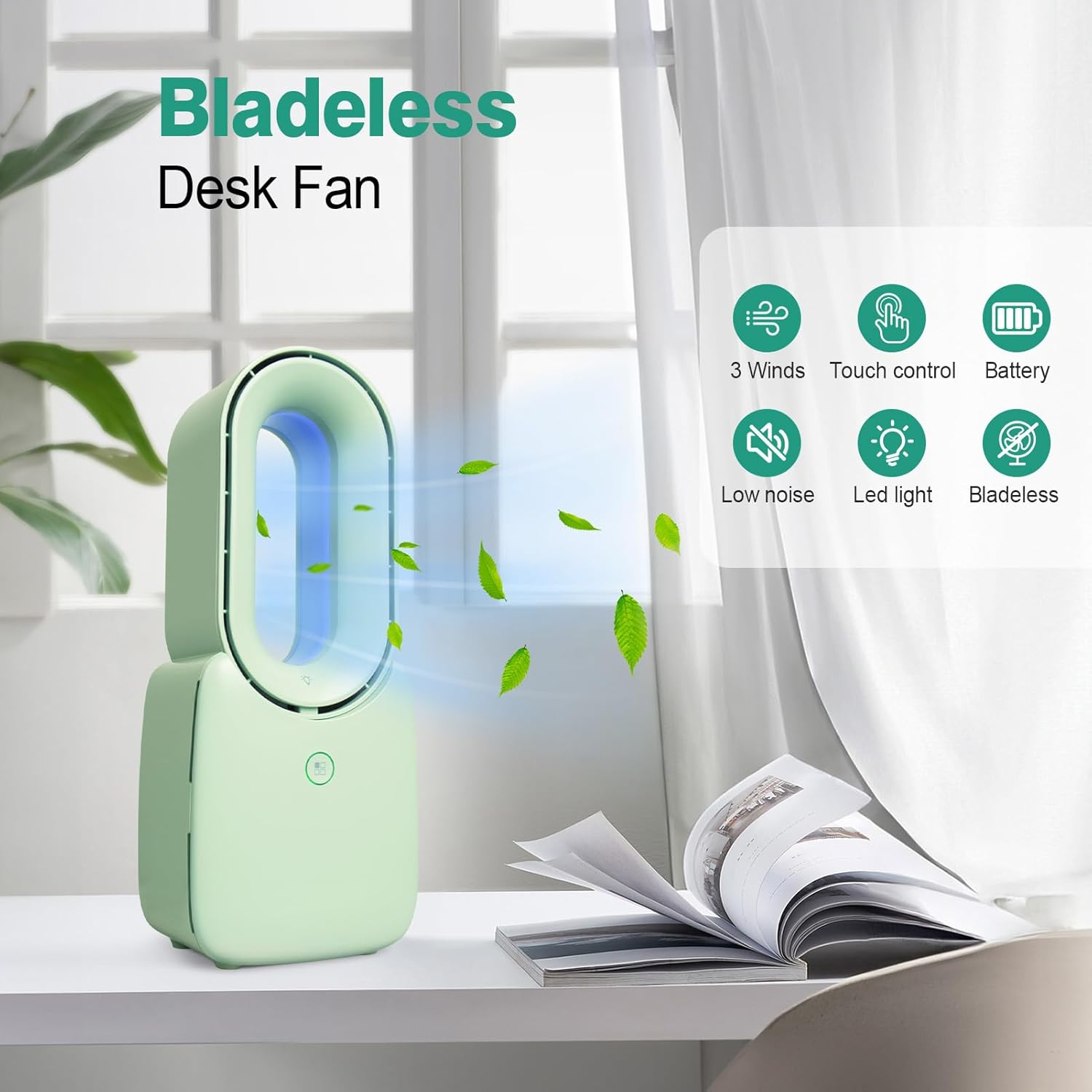 CONBOLA Desk Fan, 11.8 Inch Bladeless Fan Small Table Fan Air Cooler, Portable Rechargeable Breeze Quiet Fan with Touch Control 5-Colors Decorative LED Light for Office Bedroom（Green）