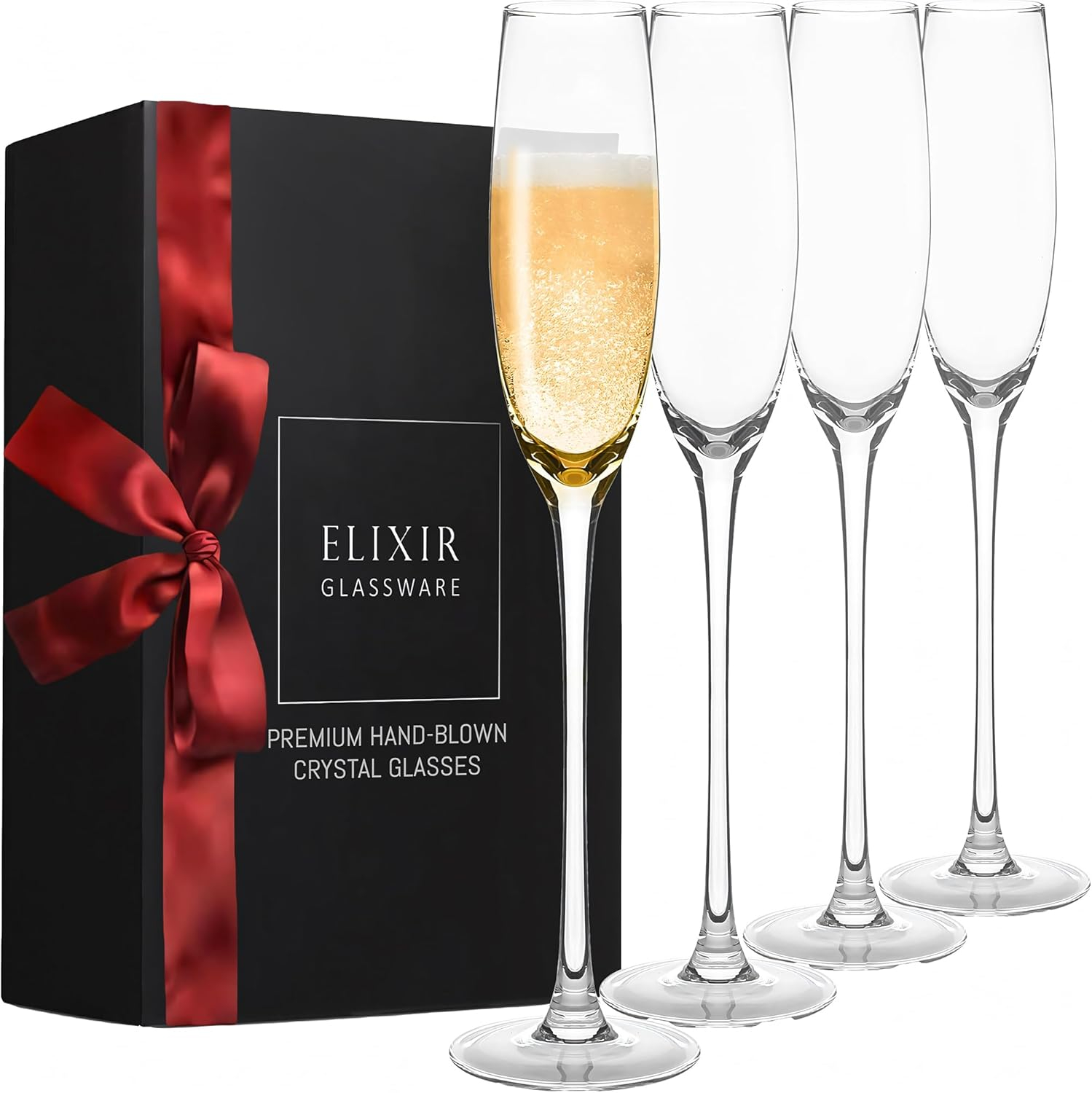 Elixir Glassware Crystal Champagne Flutes - Shaped Elegant Champagne Glasses - Set of 4, 5oz, Clear