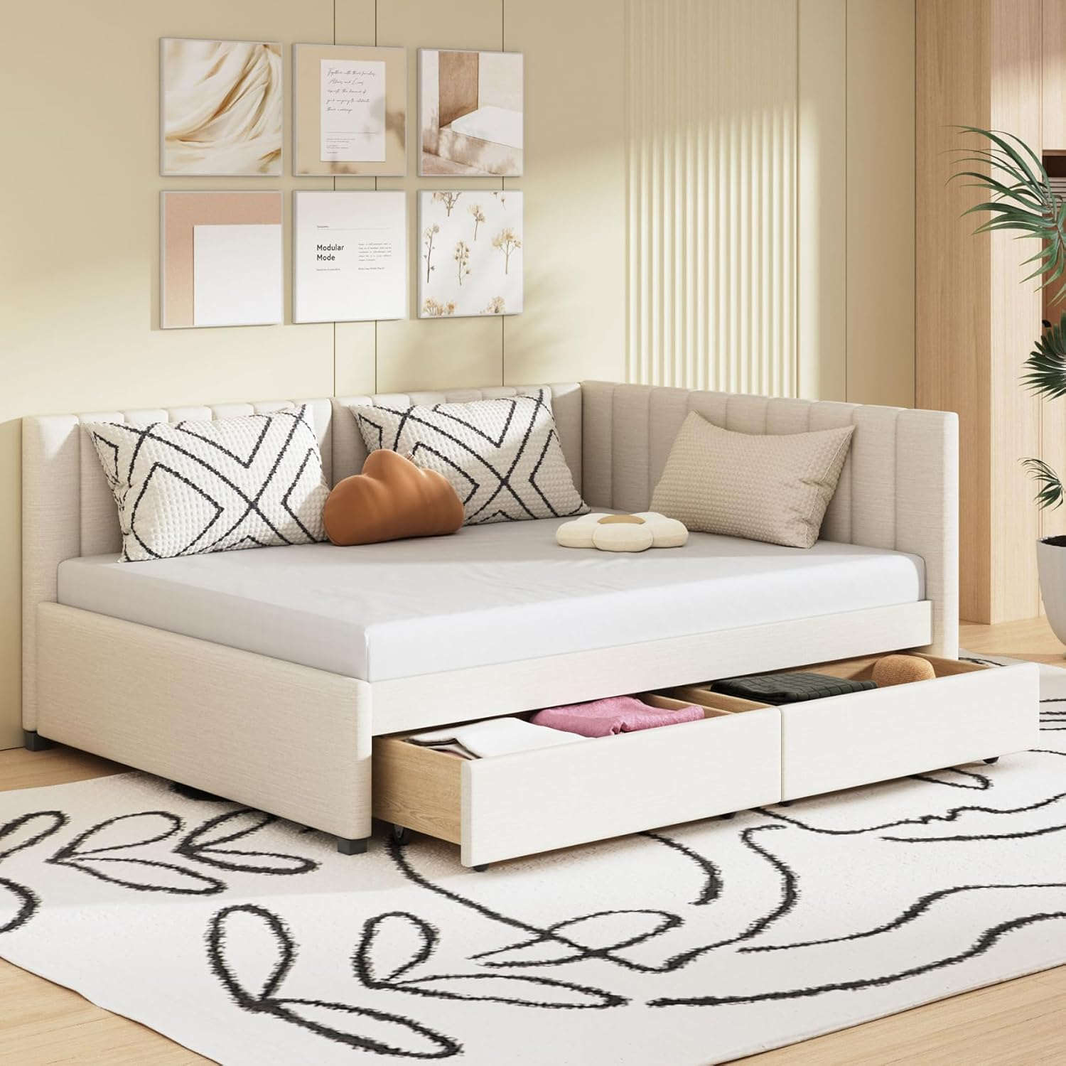 Full Size Daybed with 2 Storage Drawers,L-Shaped Upholstered Linen Fabric Sleeper Sofa Bed Couch,No Box Spring Needed for Kids Girls Adults,Beige