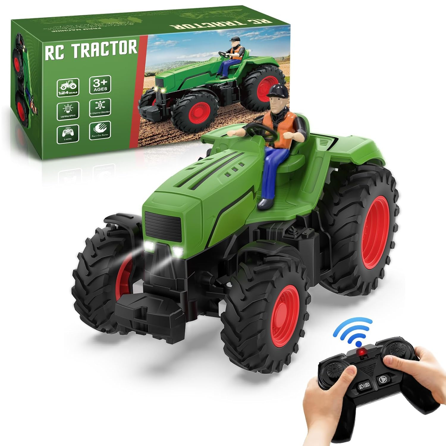 Remote Control Tractor Toys for Kids 3-5, RC Tractor Toy with Farmer & Light,1:24 Scale, Rechargeable Farm Toy Tractor for Toddler Toy Set Birthday Gifts for 3 4 5 Year Old Kids Boys Girls