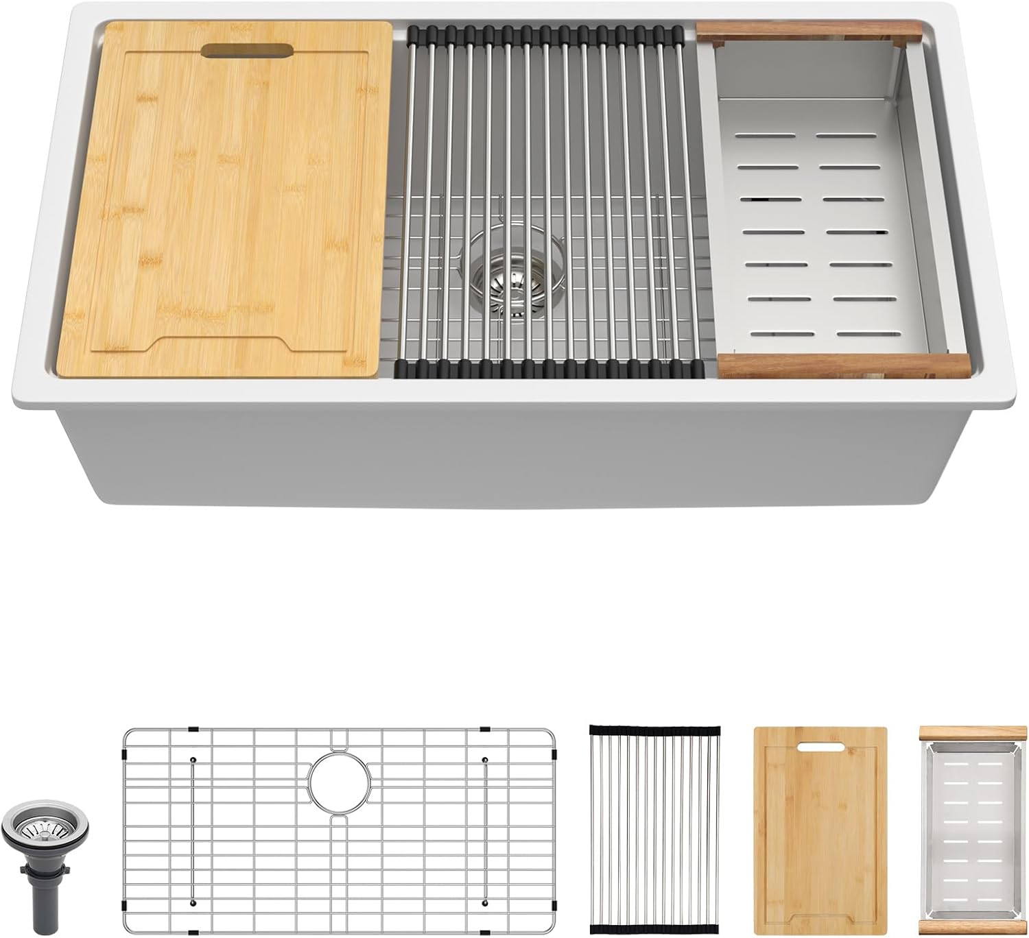 Lordear 33 Inch White Kitchen Sink Undermount Composite Granite Quartz Single Bowl Workstation 33x19x10 Inch Under Counter Kitchen Sinks