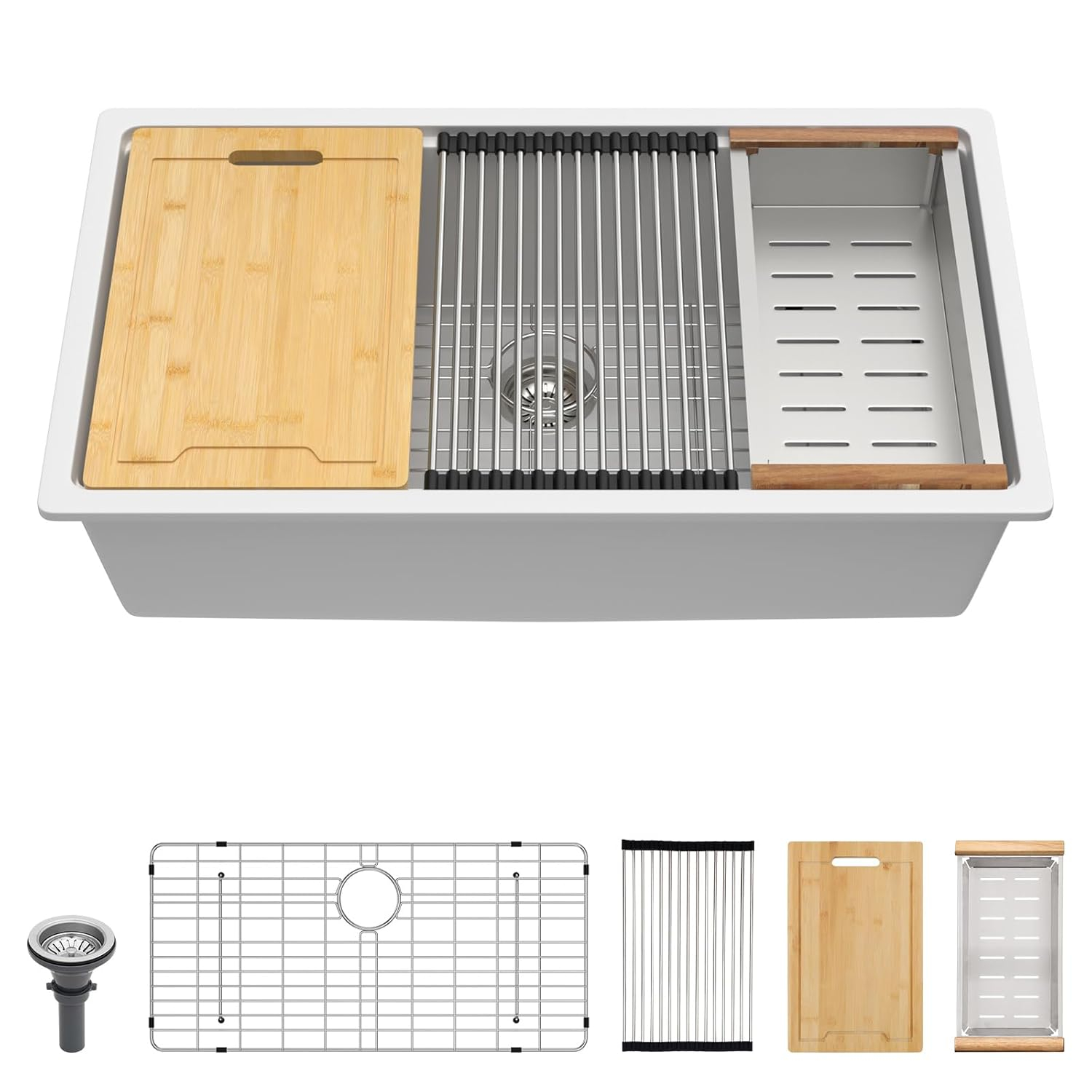 Lordear 33 Inch White Kitchen Sink Undermount Composite Granite Quartz Single Bowl Workstation 33x19x10 Inch Under Counter Kitchen Sinks