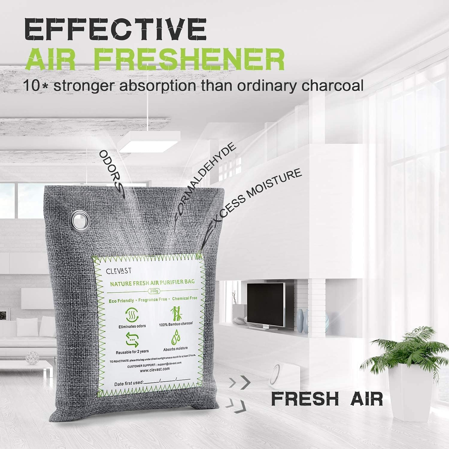 CLEVAST Charcoal Air Purifying Bags (4×200g), Removes Odors and Moisture, Nature Fresh Air Purifier Bags, Odor Eliminator for Home, Car, Pets, Bathroom, Basement