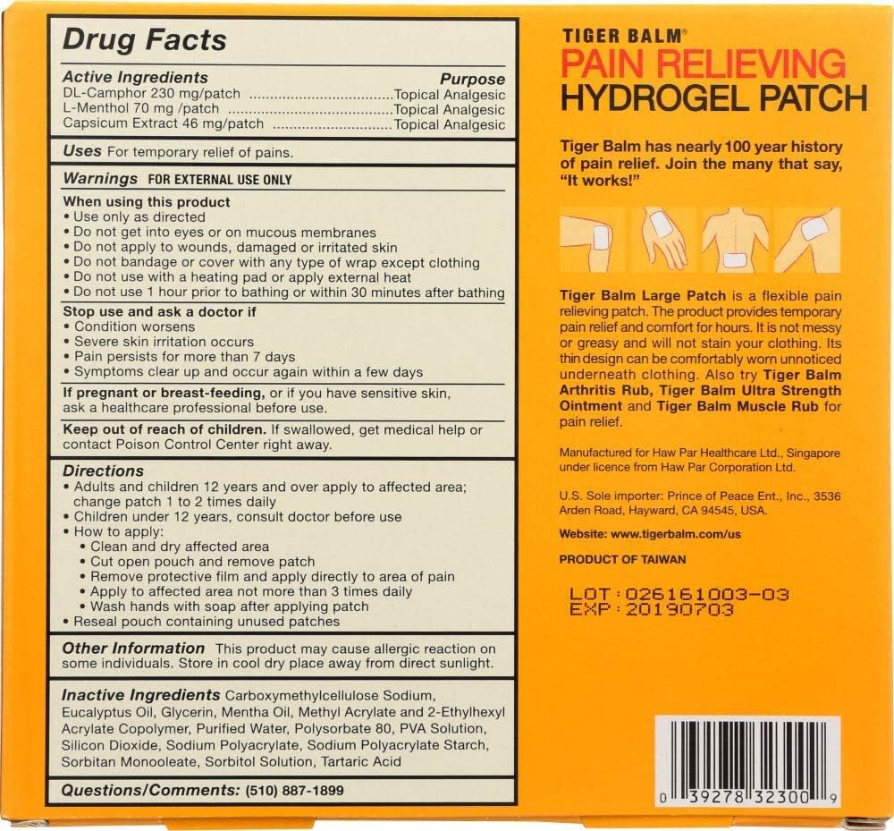 Tiger Balm Pain Relieving Large Patch, 4" x 8", 4/pack – Pain Relieving Patch – For Temporary Relief of Minor Aches of Muscles and Joints – Formulated with Menthol, Camphor, and Capsicum – Fast-Acting