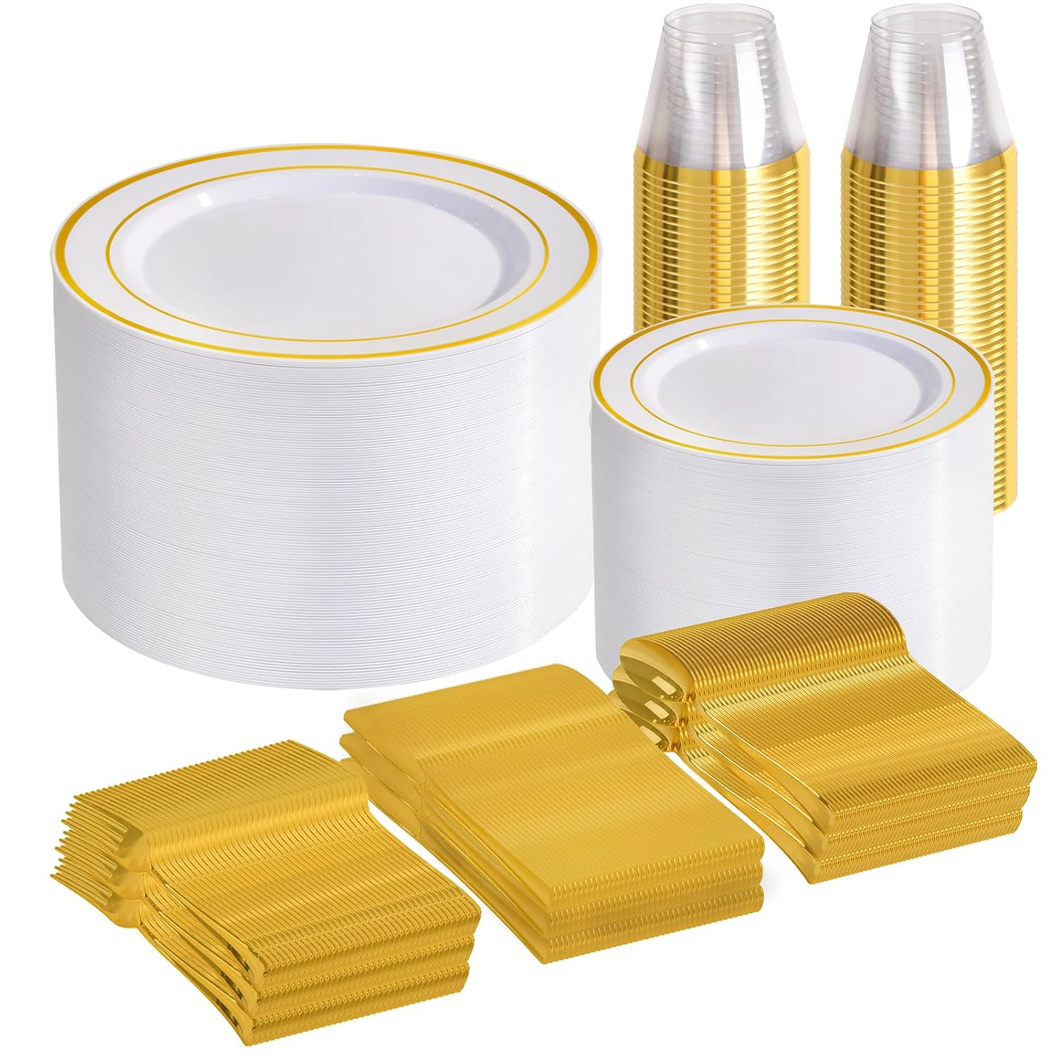 Gold Disposable Dinnerware Set for 100 Guests - 600PC BPA-Free Plastic Plates & Cutlery Kit with 100 Dinner Plates, Salad Plates, Forks, Knives, Spoons & Cups for Wedding, Party, Catering (Heavy-Duty)