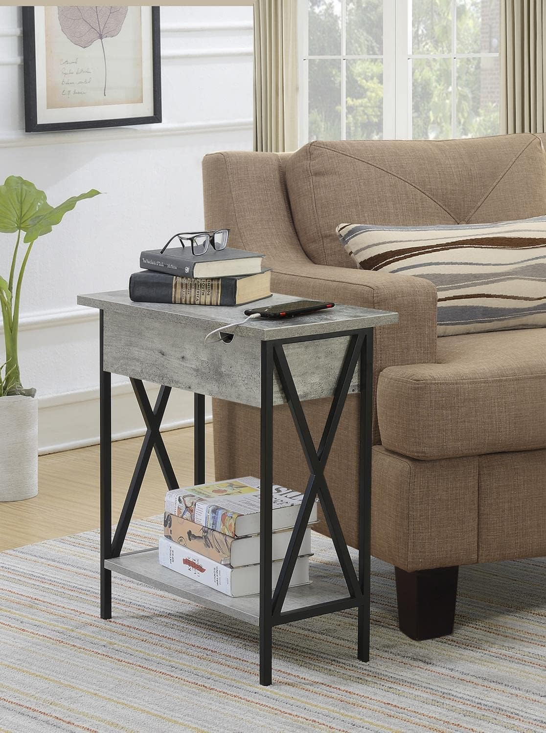 Convenience Concepts Tucson Flip Top End Table with Charging Station and Shelf, Faux Birch/Black