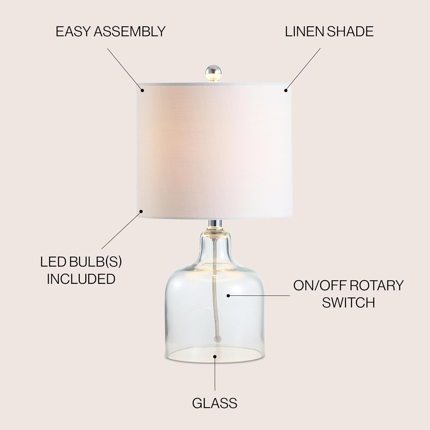 JONATHAN Y JYL1036C Gemma 19" Glass Bell LED Table Lamp, Transitional, Minimalist, Midcentury, Coastal, Elegant, Office, Living Room, Family Room, Dining Room, Bedroom, Hallway, Foyer, Clear