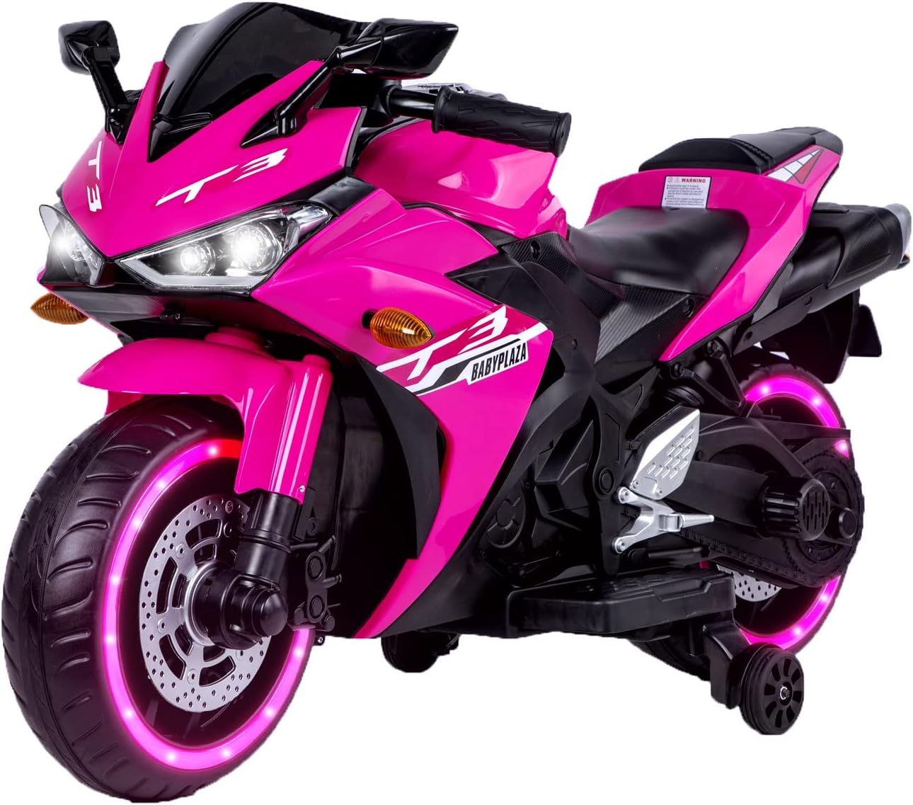 WEEROCK Kids Electric Motorcycle with Trainning Wheels for 3-8 Years(43-59in), Boys Girls Ride on Electric Motorbike, Light Wheels Hand Drive for Child Motorized Toys Gift, Pink