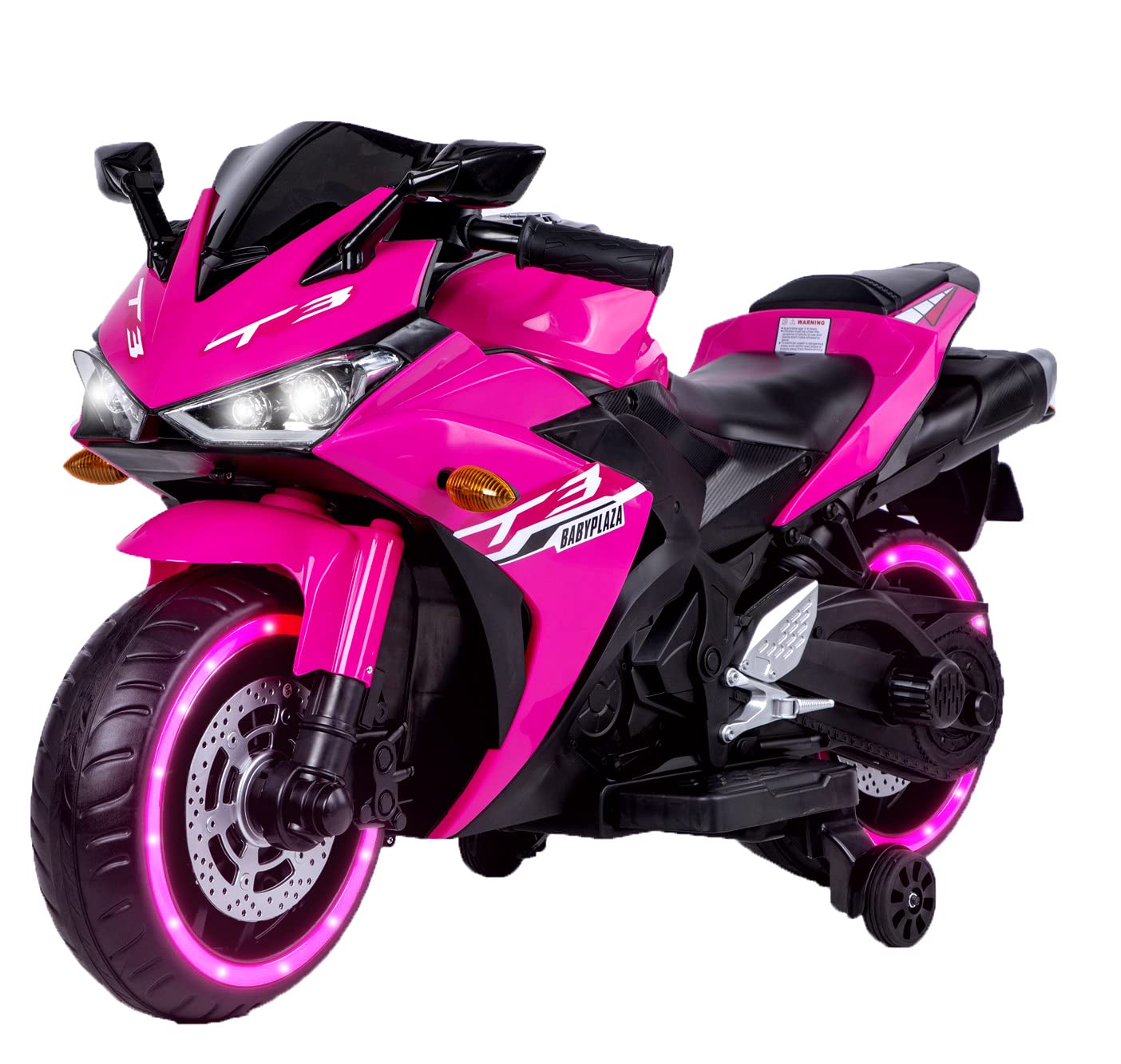 WEEROCK Kids Electric Motorcycle with Trainning Wheels for 3-8 Years(43-59in), Boys Girls Ride on Electric Motorbike, Light Wheels Hand Drive for Child Motorized Toys Gift, Pink