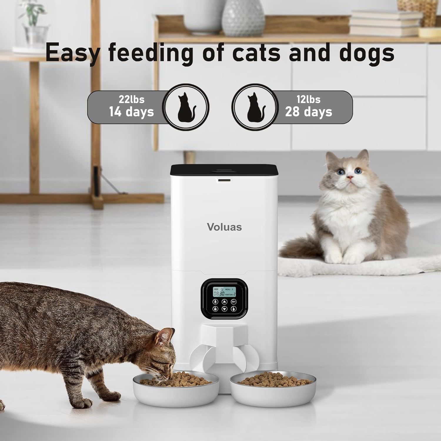Voluas Automatic Cat Feeders for Two Cats, Double Pet Feeder with 2 Stainless Steel Bowls,6L Timed Cat Feeder with Memory Function, Pet Food Dish