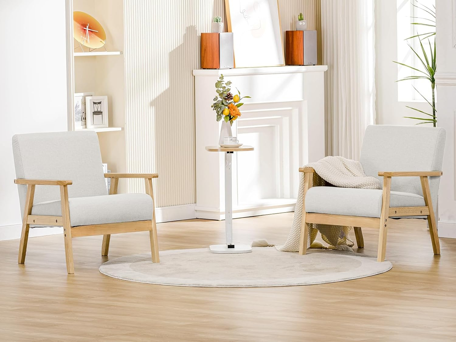COMHOMA Mid Century Modern Accent Chair, Upholstered Living Room Chairs with Solid Wood Armrest, Comfy Reading Armchair for Bedroom, Sunroom, Balcony (Straight Armrests, Beige)